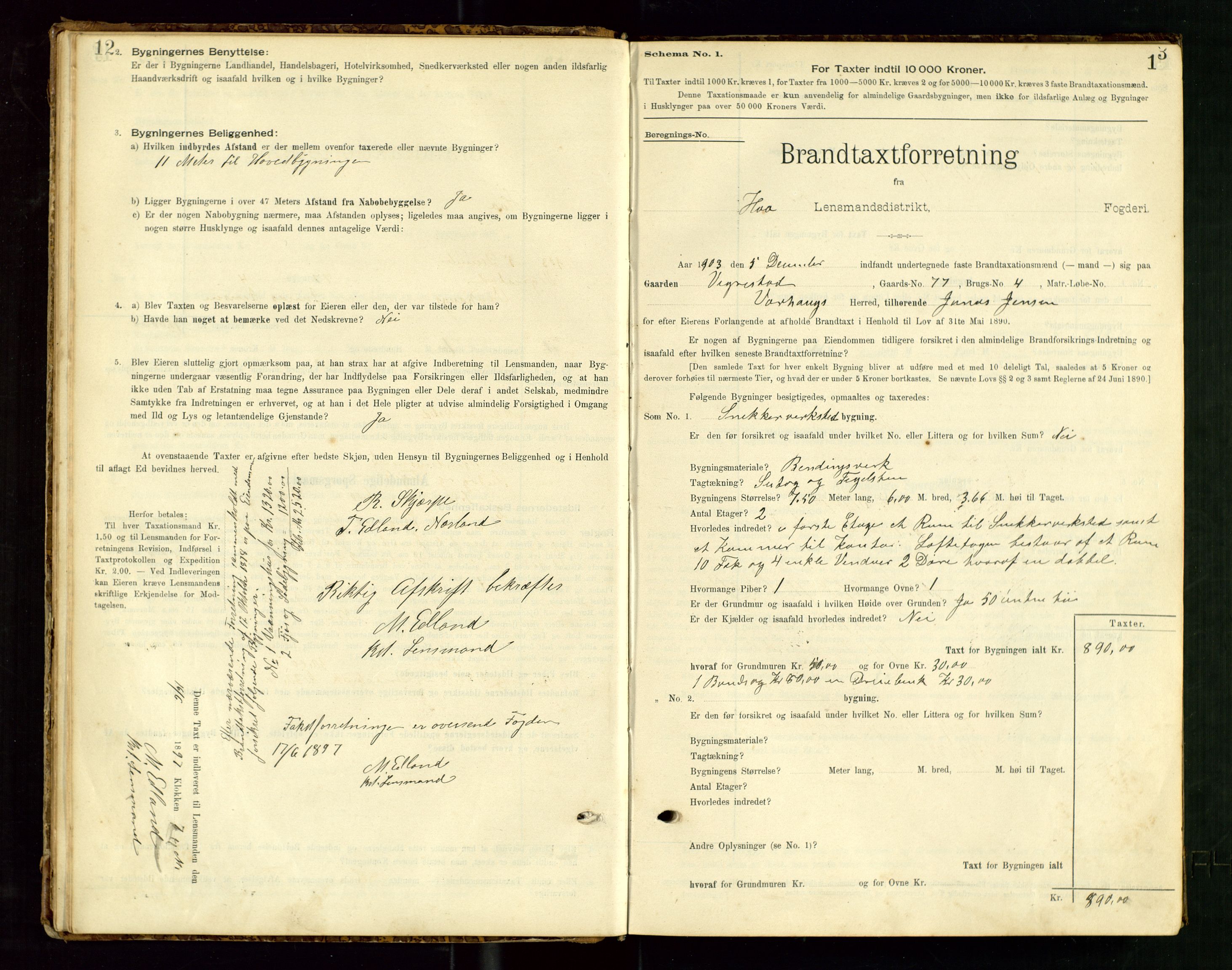 Hå lensmannskontor, SAST/A-100456/Goa/L0003: Takstprotokoll (skjema), 1895-1911, s. 12-13