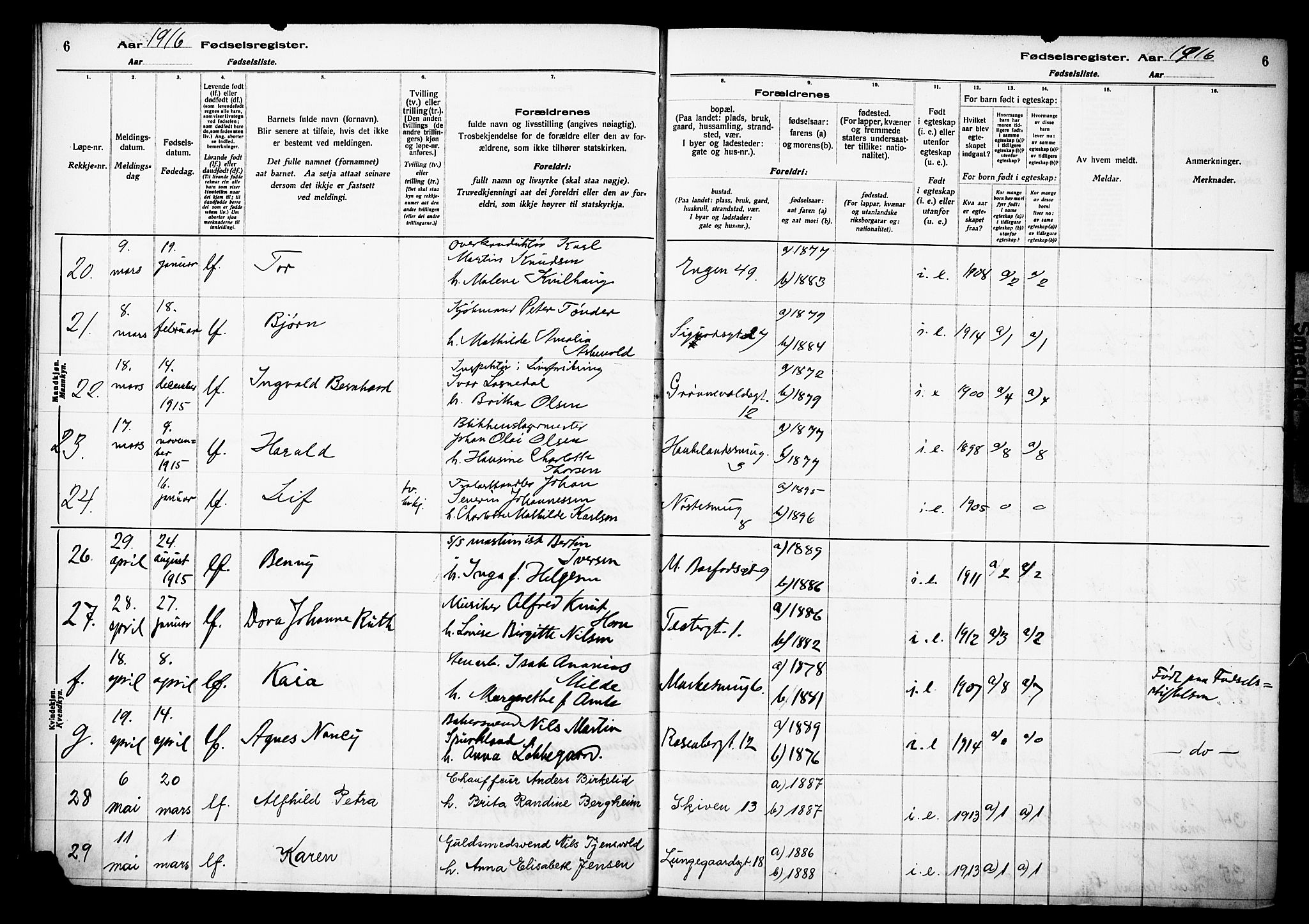 Domkirken sokneprestembete, AV/SAB-A-74801/I/Id/L00A1: Fødselsregister nr. A 1, 1916-1923, s. 6
