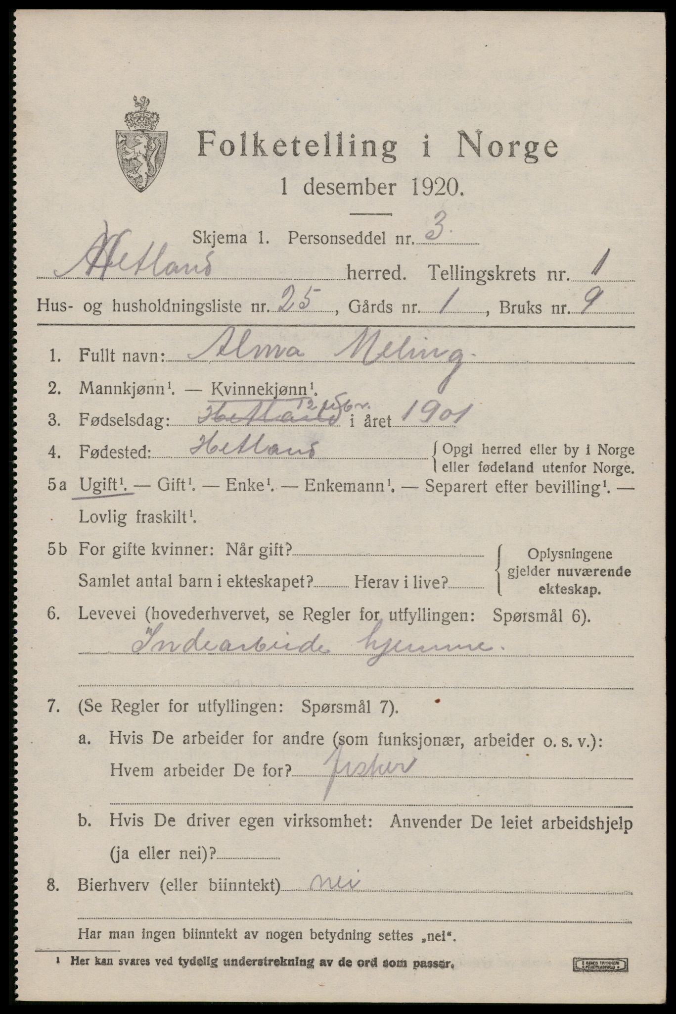 SAST, Folketelling 1920 for 1126 Hetland herred, 1920, s. 3829