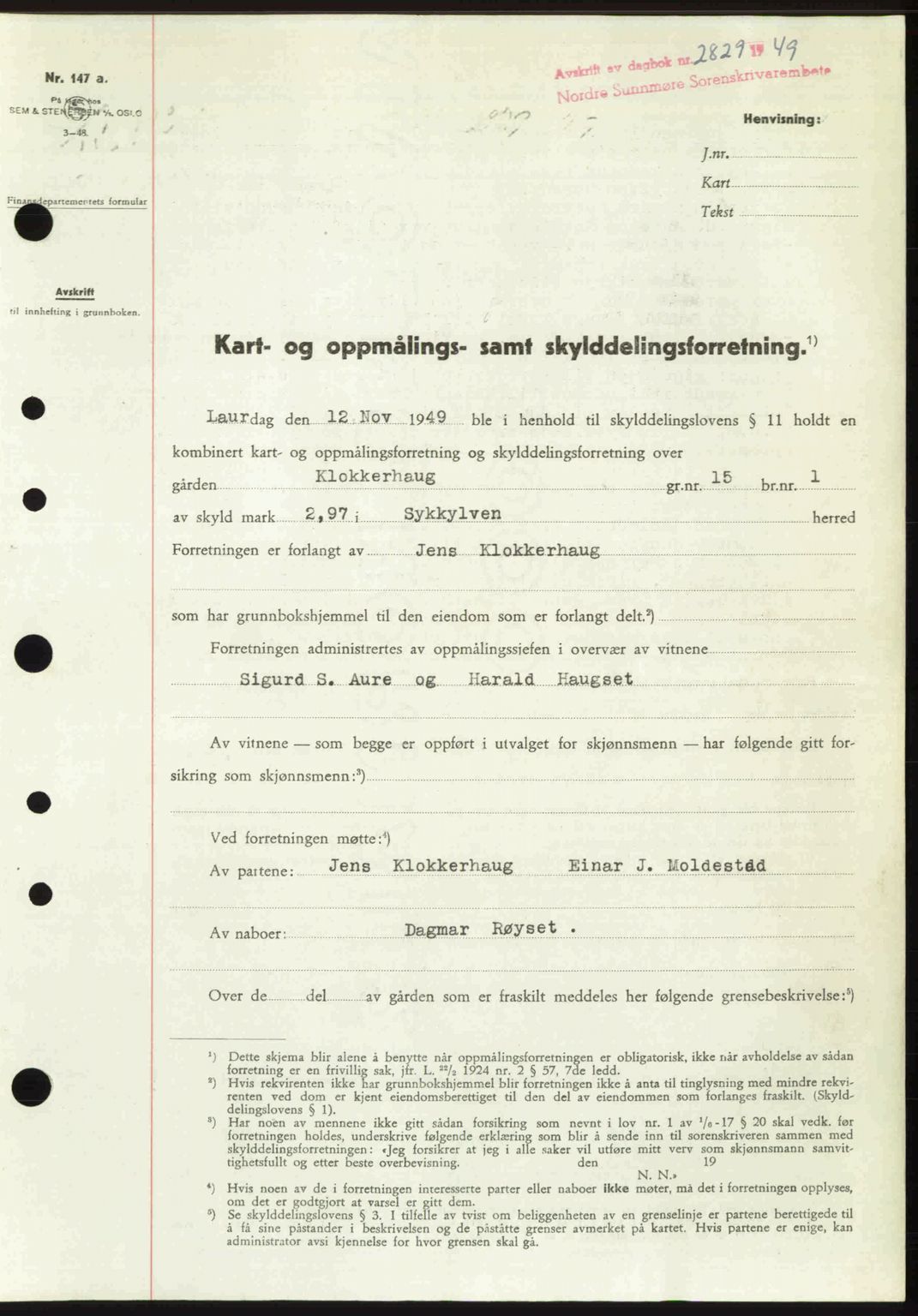 Nordre Sunnmøre sorenskriveri, SAT/A-0006/1/2/2C/2Ca: Pantebok nr. A33, 1949-1950, Dagboknr: 2829/1949