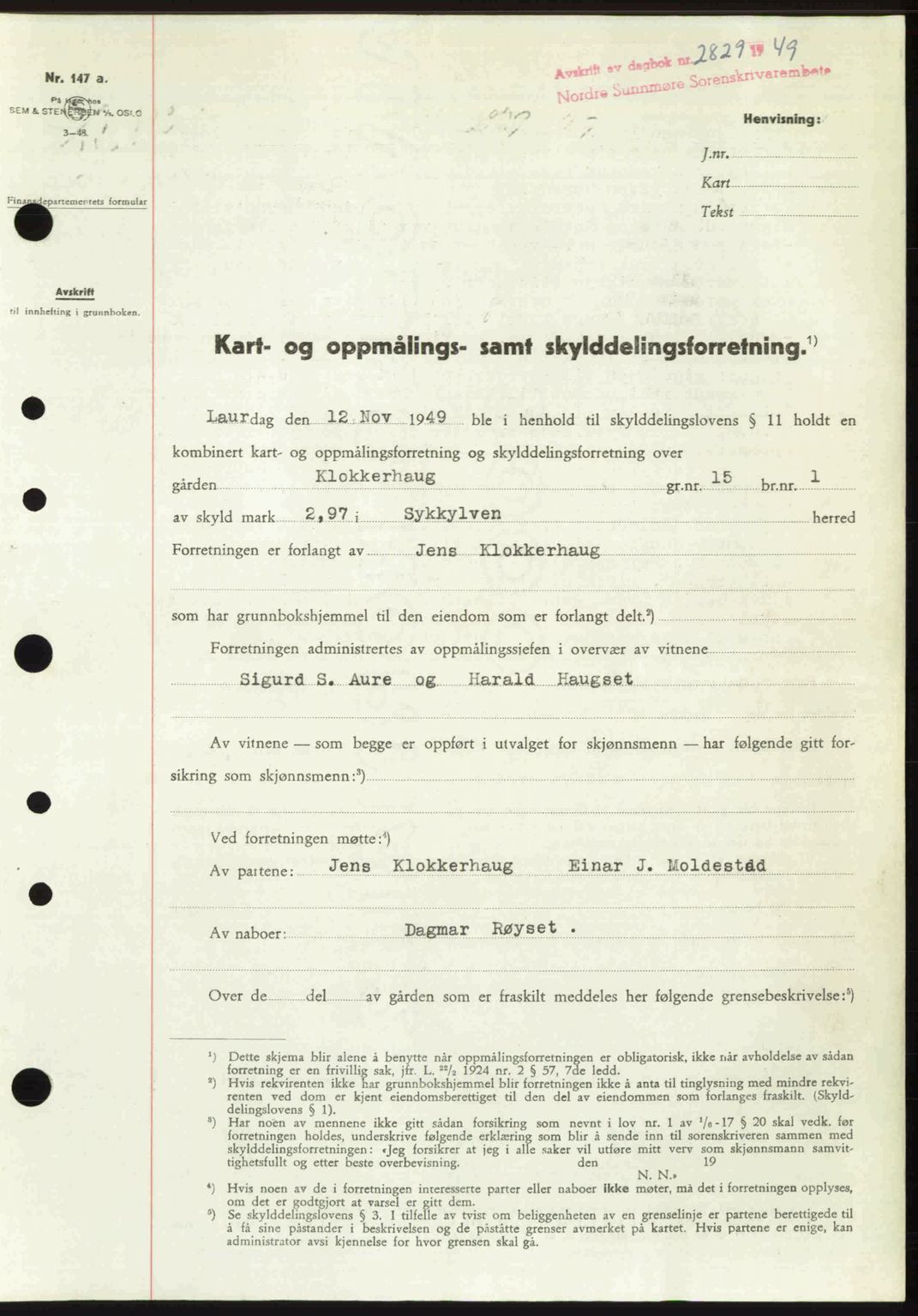 Nordre Sunnmøre sorenskriveri, AV/SAT-A-0006/1/2/2C/2Ca: Pantebok nr. A33, 1949-1950, Dagboknr: 2829/1949