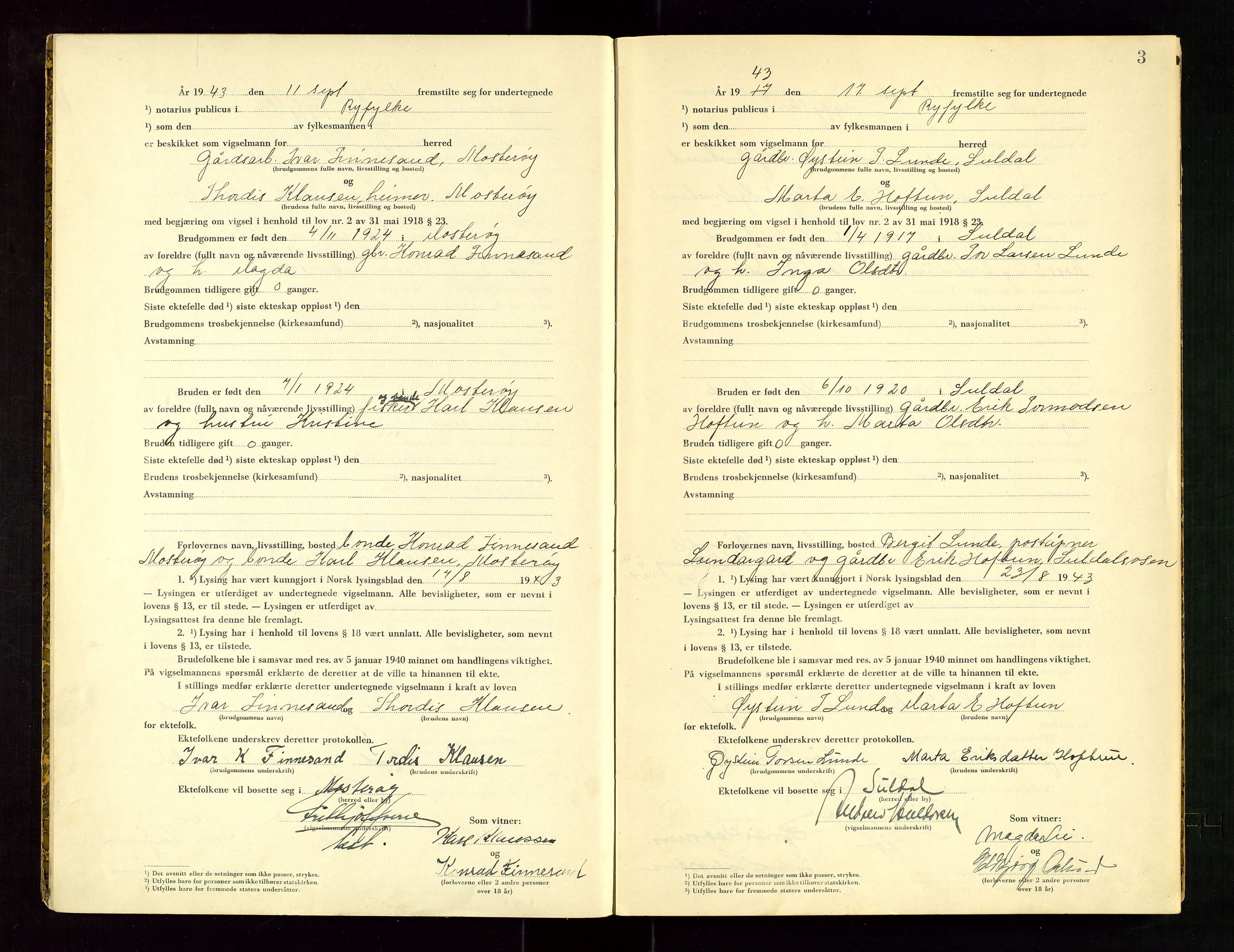 Ryfylke tingrett, AV/SAST-A-100055/001/III/IIIC/L0003: Vigselbok, 1943-1944, s. 3