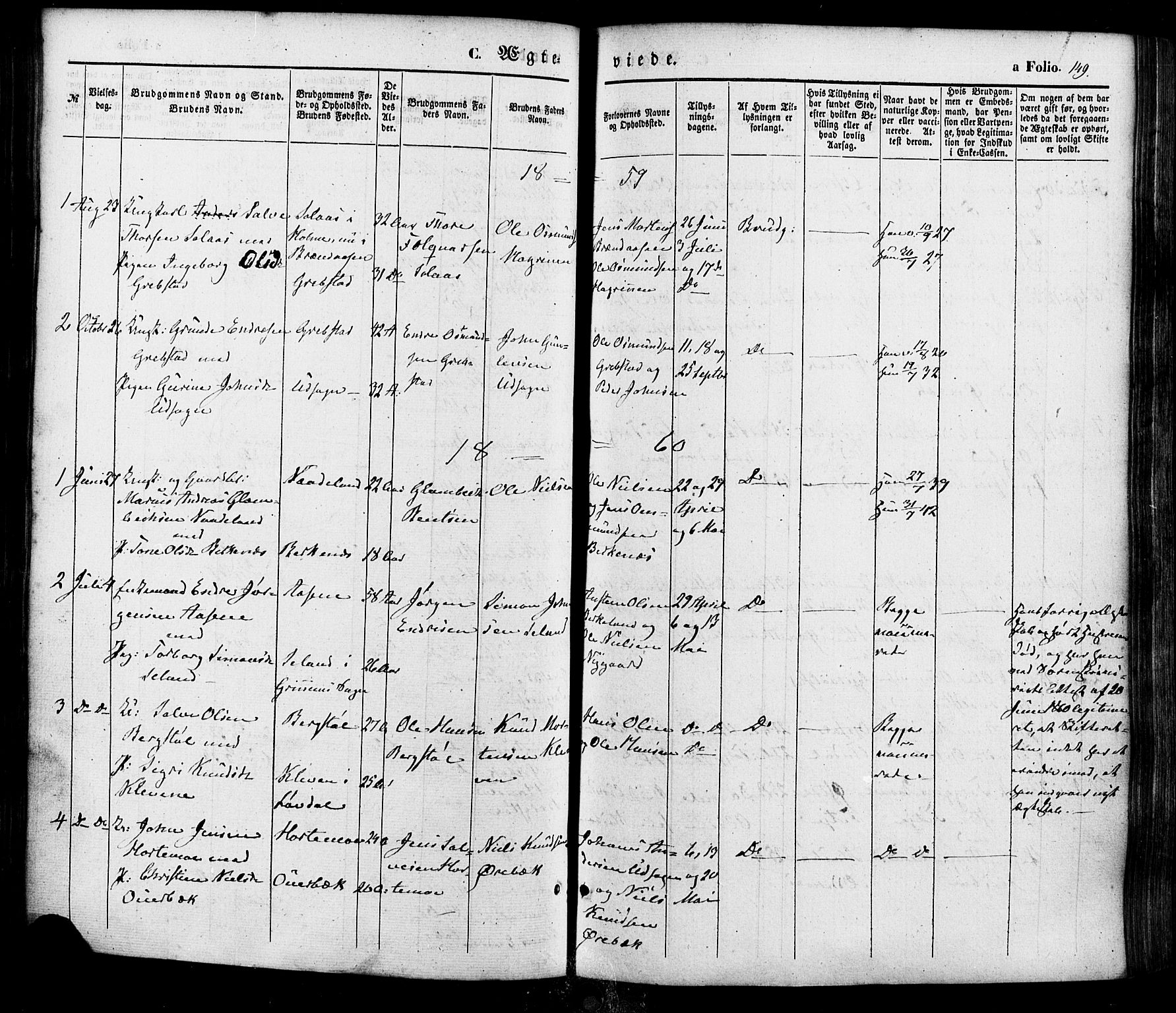 Søgne sokneprestkontor, AV/SAK-1111-0037/F/Fa/Faa/L0002: Ministerialbok nr. A 2, 1854-1882, s. 149