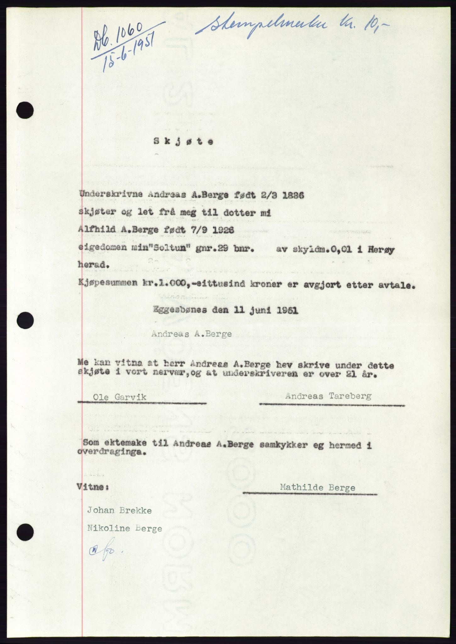 Søre Sunnmøre sorenskriveri, SAT/A-4122/1/2/2C/L0089: Pantebok nr. 15A, 1951-1951, Dagboknr: 1060/1951