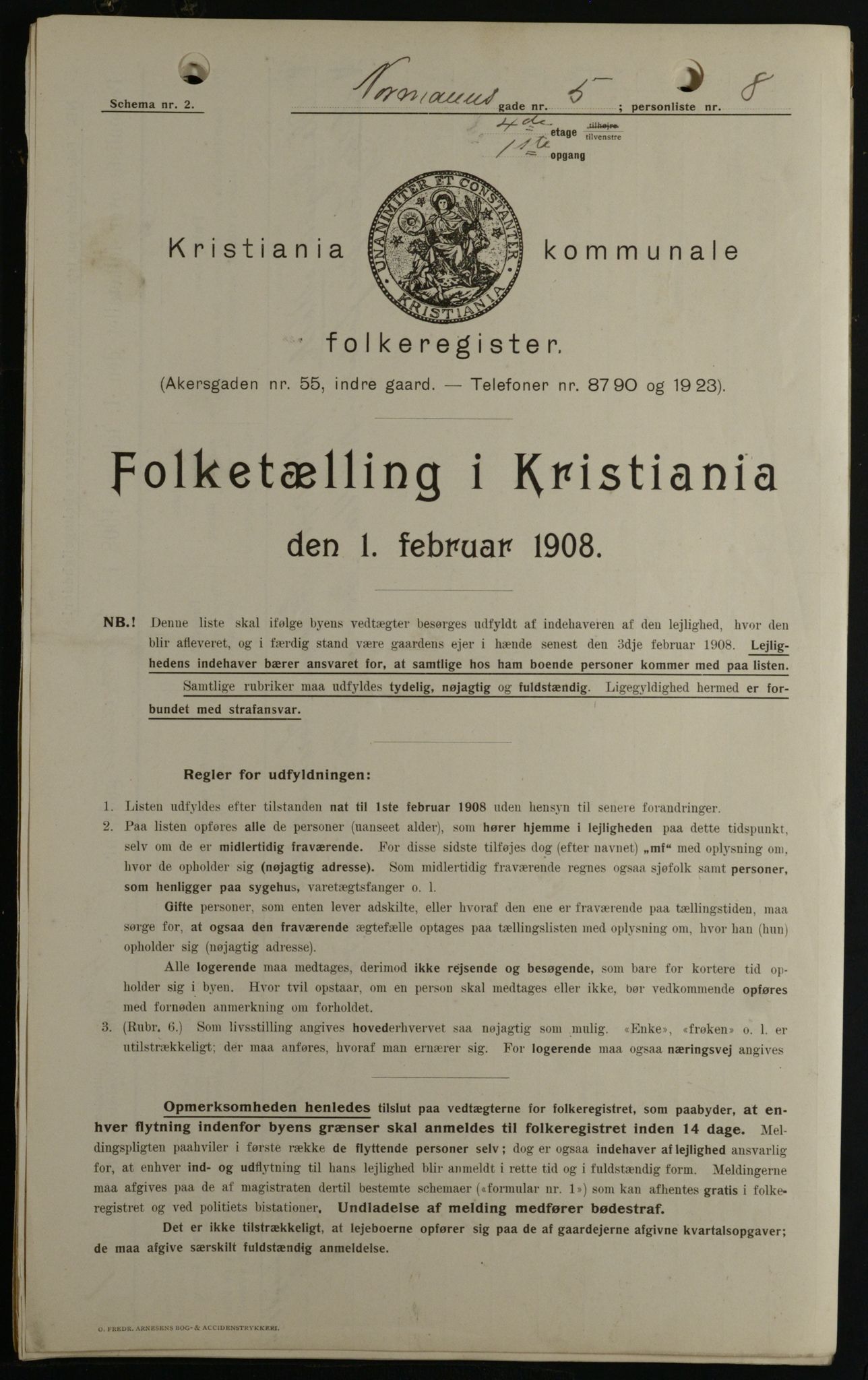 OBA, Kommunal folketelling 1.2.1908 for Kristiania kjøpstad, 1908, s. 66016