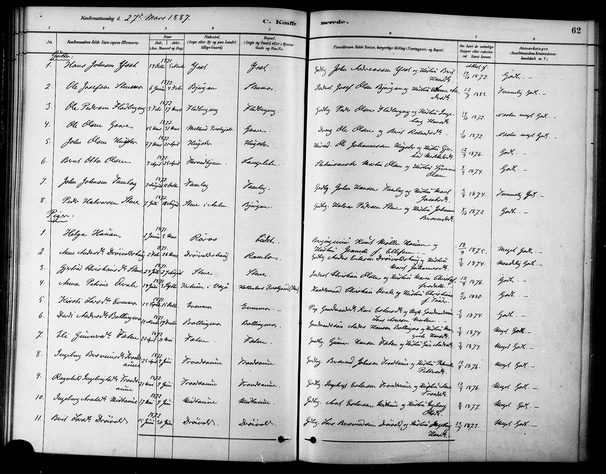 Ministerialprotokoller, klokkerbøker og fødselsregistre - Sør-Trøndelag, SAT/A-1456/685/L0972: Ministerialbok nr. 685A09, 1879-1890, s. 62