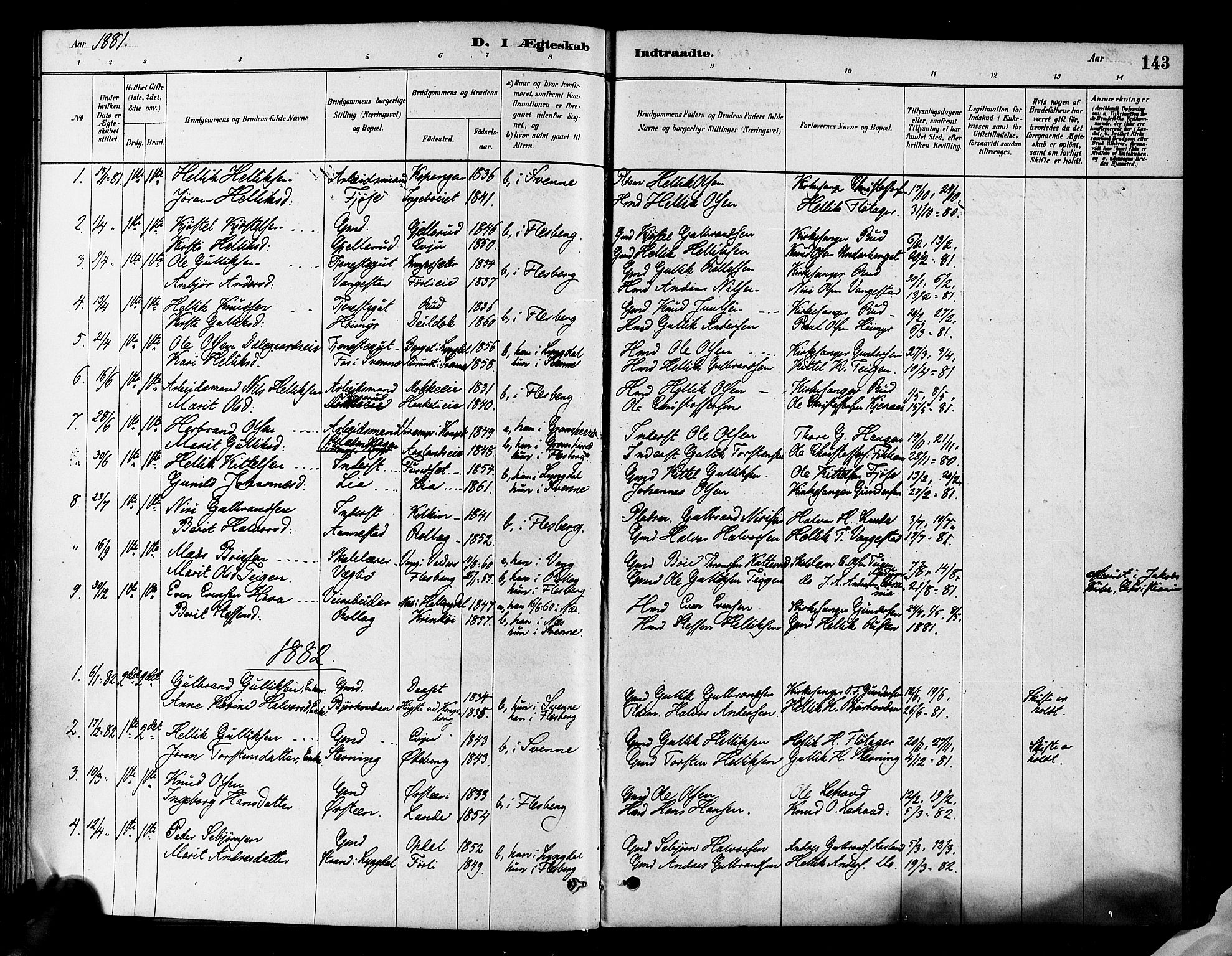 Flesberg kirkebøker, AV/SAKO-A-18/F/Fa/L0008: Ministerialbok nr. I 8, 1879-1899, s. 143