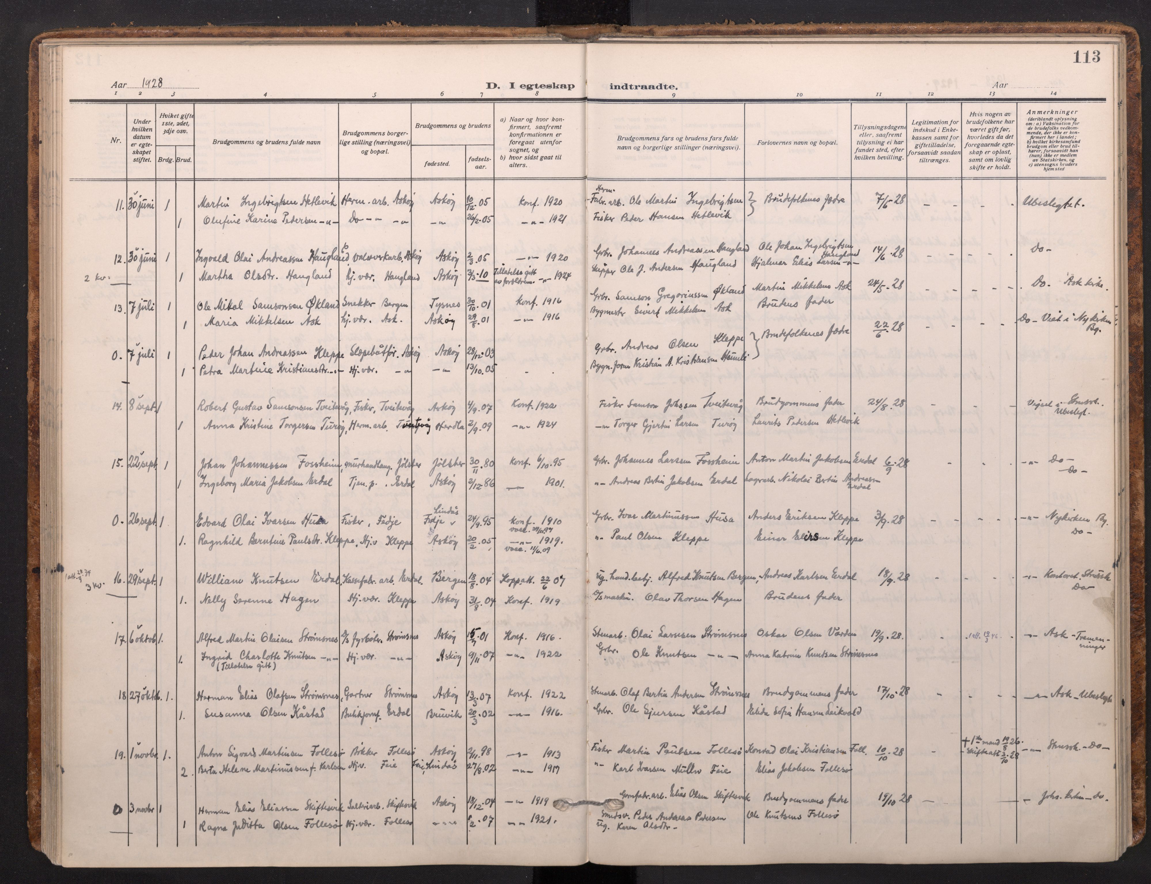 Askøy Sokneprestembete, AV/SAB-A-74101/H/Ha/Haa/Haad/L0002: Ministerialbok nr. D 2, 1915-1935, s. 113