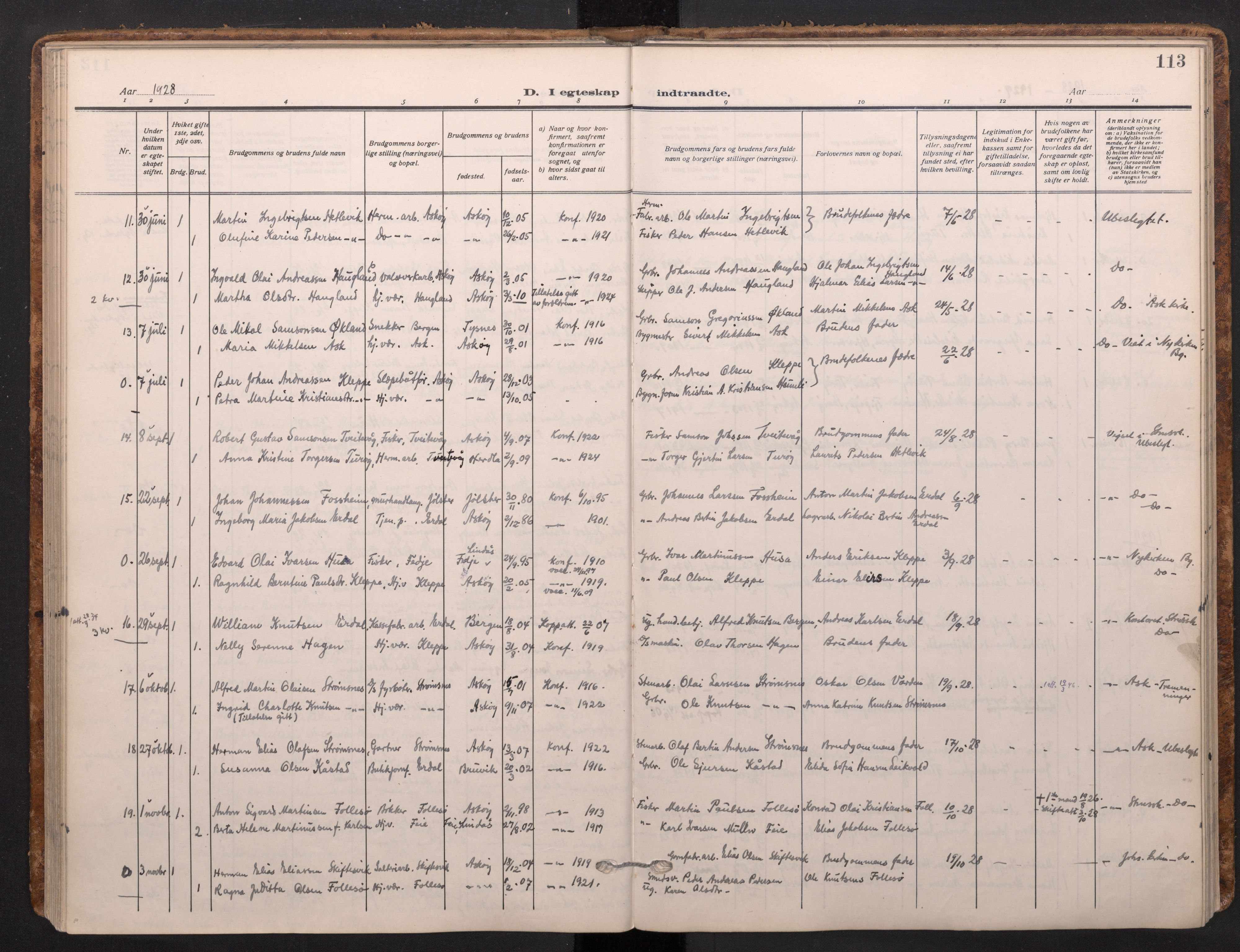 Askøy Sokneprestembete, SAB/A-74101/H/Ha/Haa/Haad/L0002: Ministerialbok nr. D 2, 1915-1935, s. 113