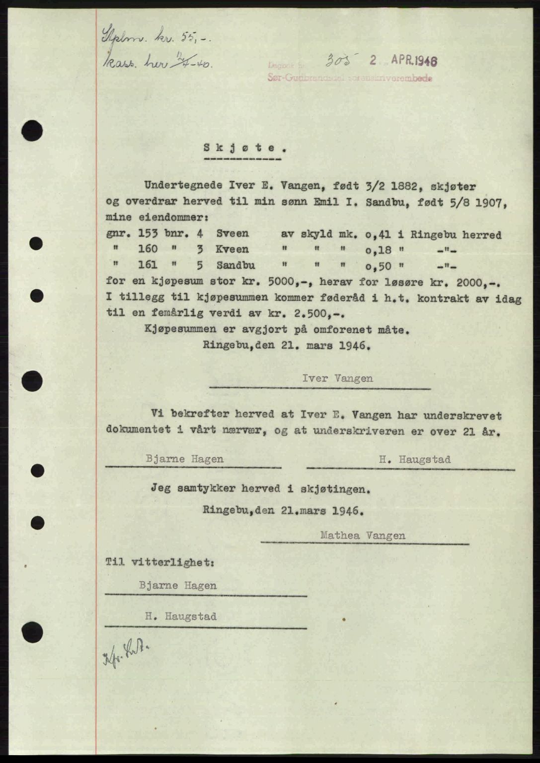 Sør-Gudbrandsdal tingrett, SAH/TING-004/H/Hb/Hbd/L0015: Pantebok nr. A15, 1945-1946, Dagboknr: 305/1946