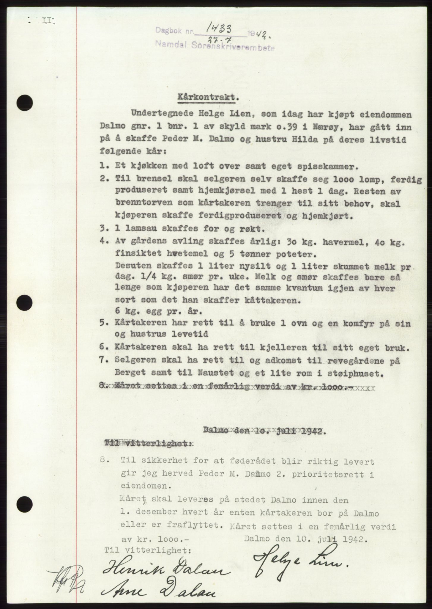 Namdal sorenskriveri, SAT/A-4133/1/2/2C: Pantebok nr. -, 1942-1943, Dagboknr: 1433/1942