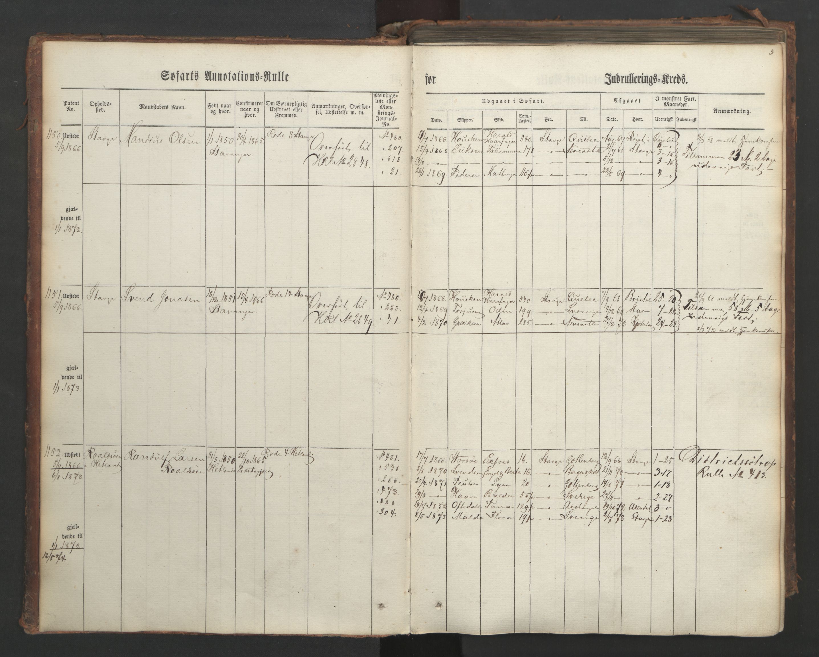 Stavanger sjømannskontor, AV/SAST-A-102006/F/Ff/L0003: Annotasjonsrulle, patentnr. 1144-1761, 1866, s. 6