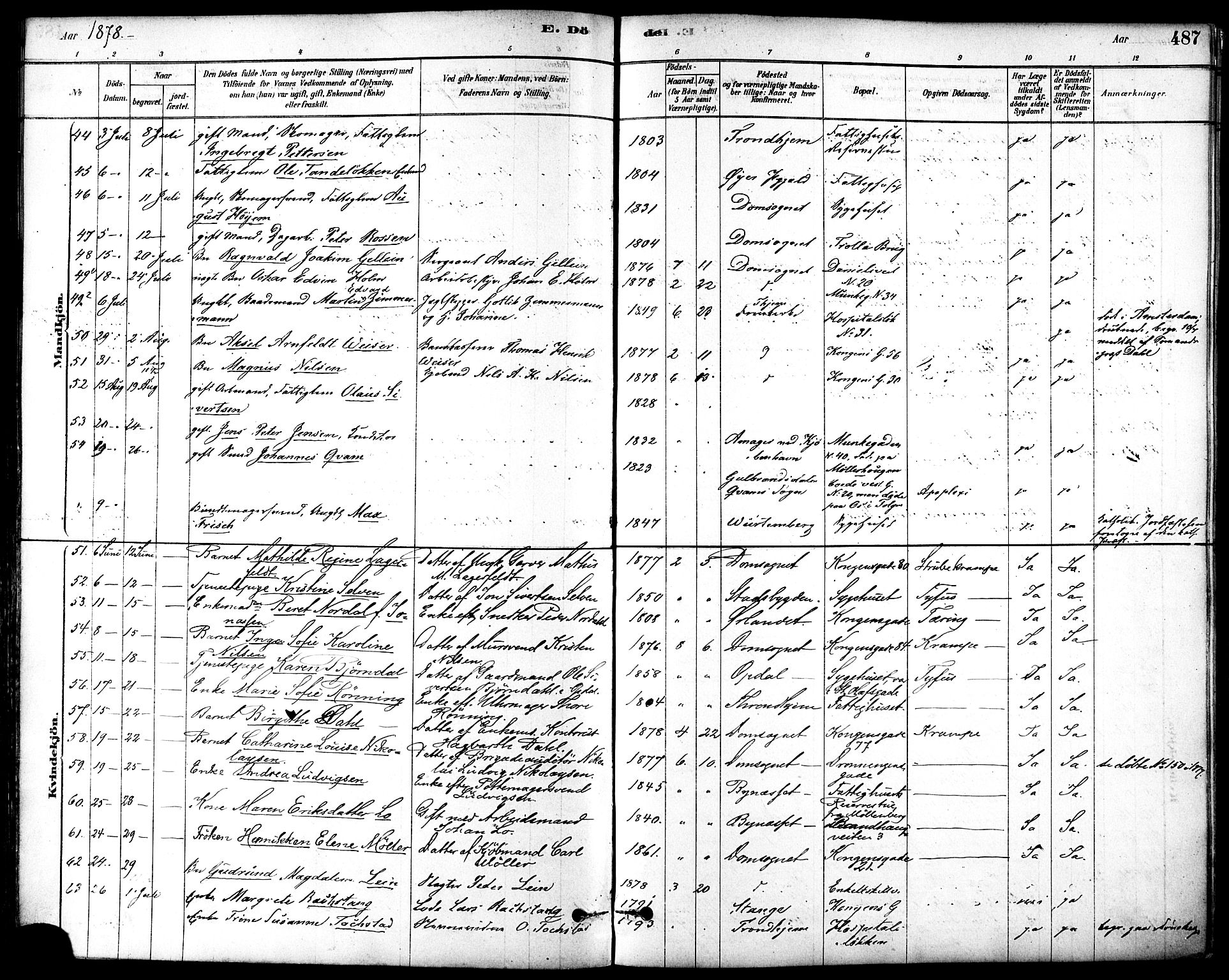 Ministerialprotokoller, klokkerbøker og fødselsregistre - Sør-Trøndelag, SAT/A-1456/601/L0058: Ministerialbok nr. 601A26, 1877-1891, s. 487
