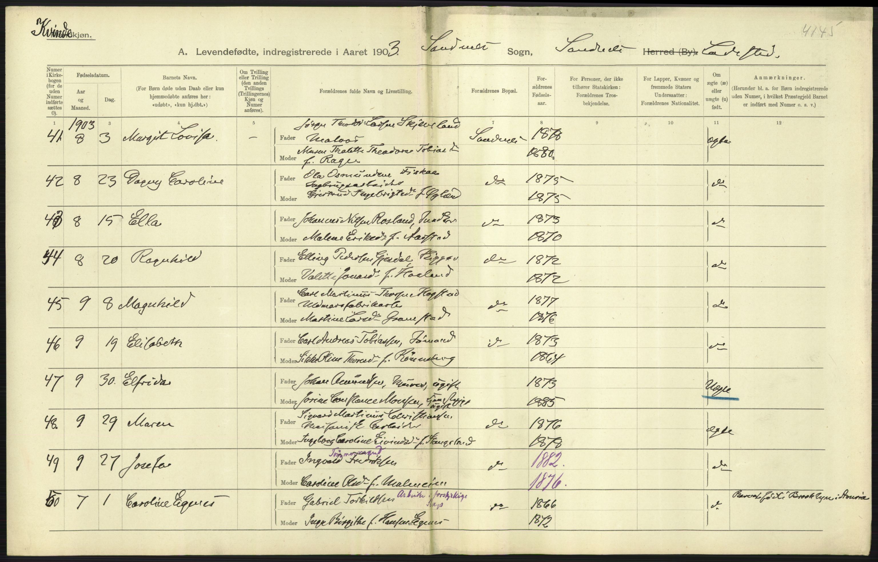 Statistisk sentralbyrå, Sosiodemografiske emner, Befolkning, AV/RA-S-2228/D/Df/Dfa/Dfaa/L0012: Stavanger amt: Fødte, gifte, døde, 1903, s. 317