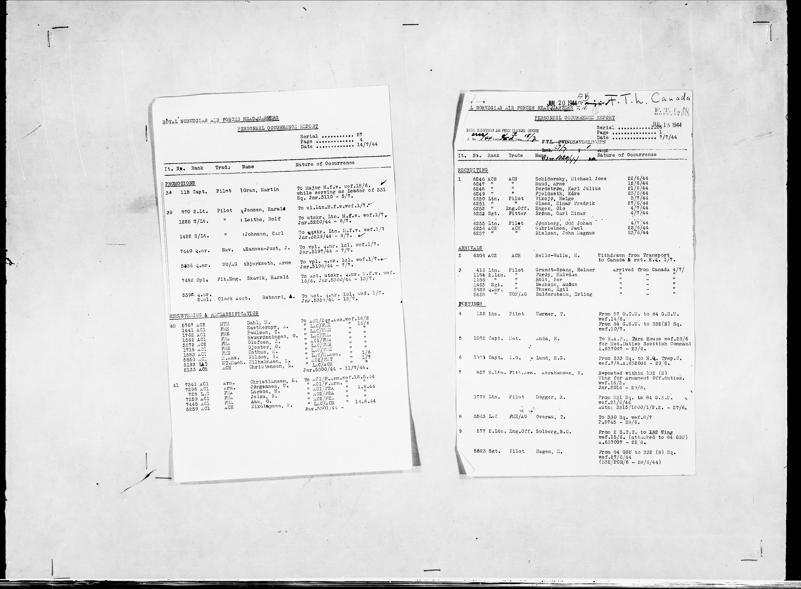 Forsvaret, Flyvåpnenes treningsleir 1940-1945, RA/RAFA-3974/V/L0038: Ekspedisjonskontoret. 8. Personellkontoret, 1940-1945