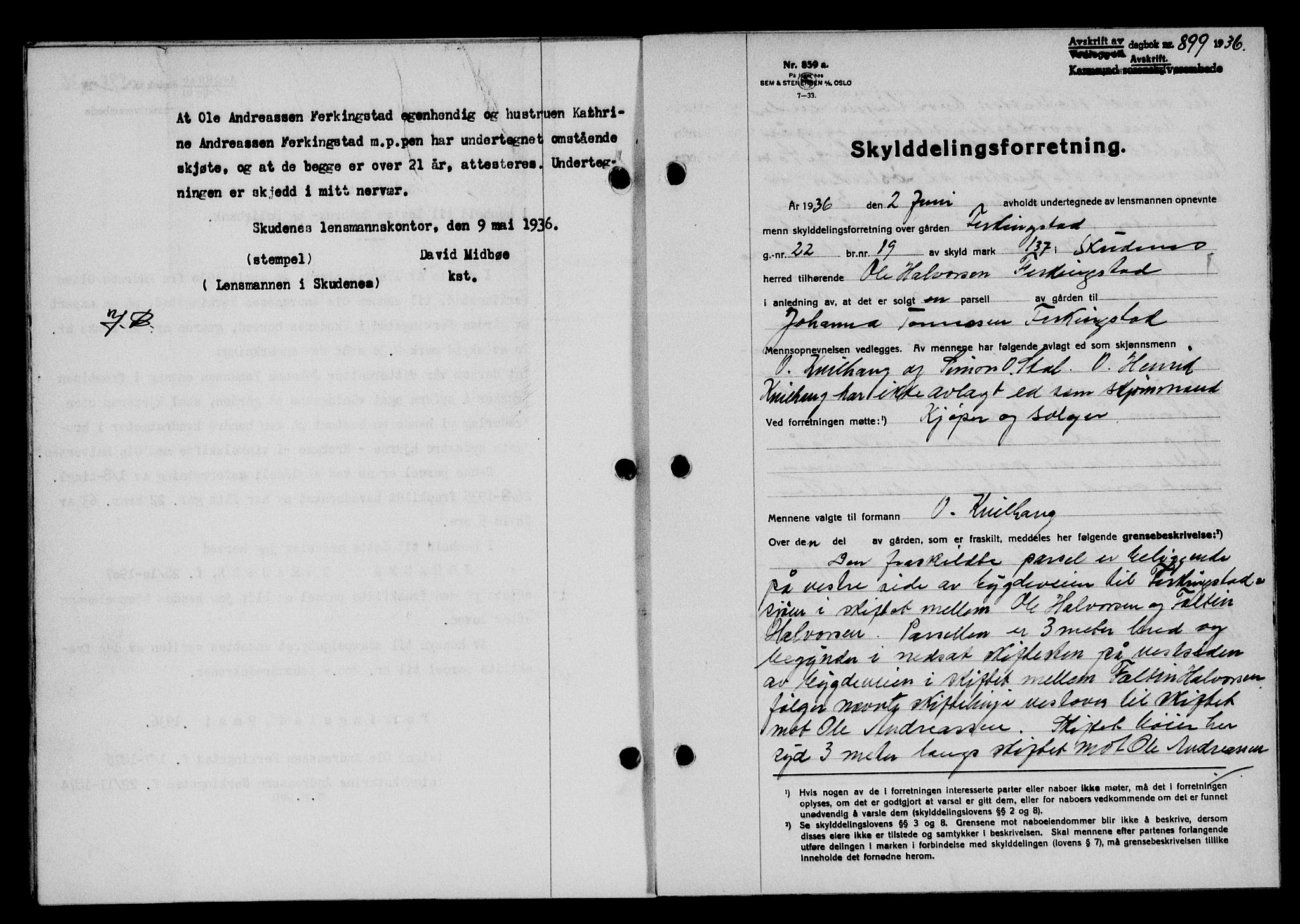 Karmsund sorenskriveri, SAST/A-100311/01/II/IIB/L0066: Pantebok nr. 47A, 1936-1936, Dagboknr: 899/1936