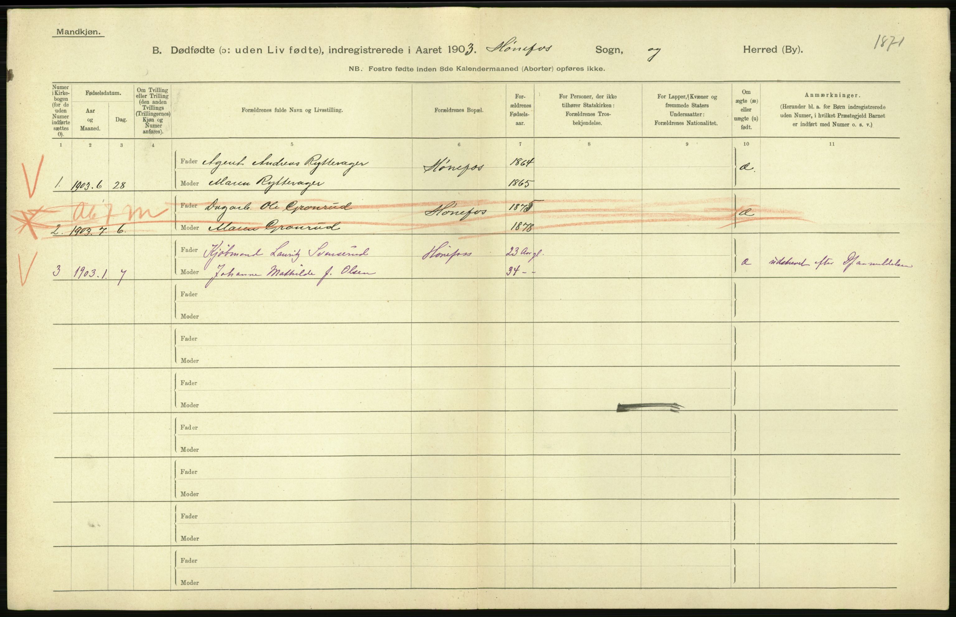 Statistisk sentralbyrå, Sosiodemografiske emner, Befolkning, AV/RA-S-2228/D/Df/Dfa/Dfaa/L0026: Smålenenes - Finnmarkens amt: Dødfødte. Byer., 1903, s. 200