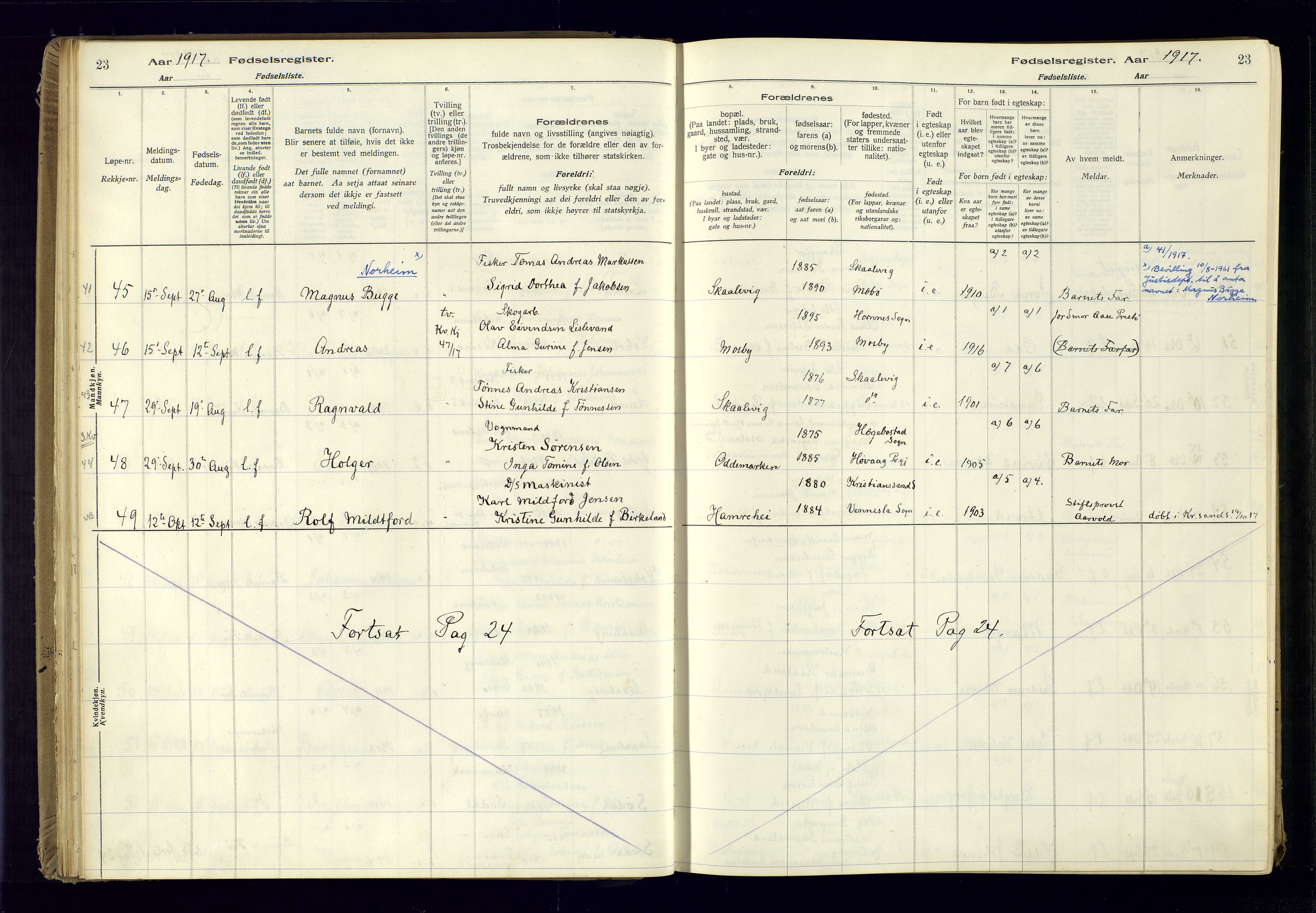 Oddernes sokneprestkontor, AV/SAK-1111-0033/J/Ja/L0001: Fødselsregister nr. 1, 1916-1935, s. 23