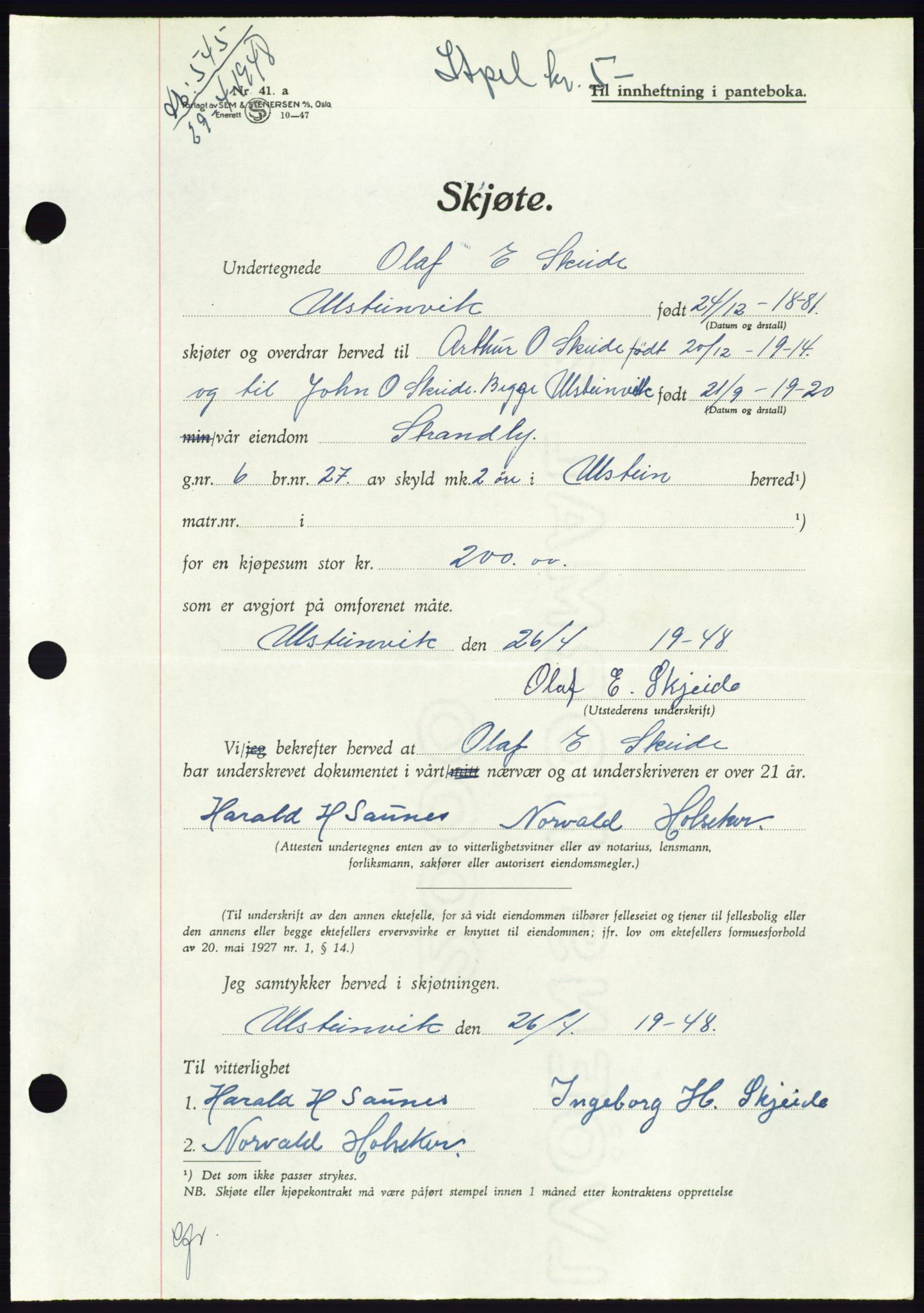 Søre Sunnmøre sorenskriveri, SAT/A-4122/1/2/2C/L0082: Pantebok nr. 8A, 1948-1948, Dagboknr: 545/1948