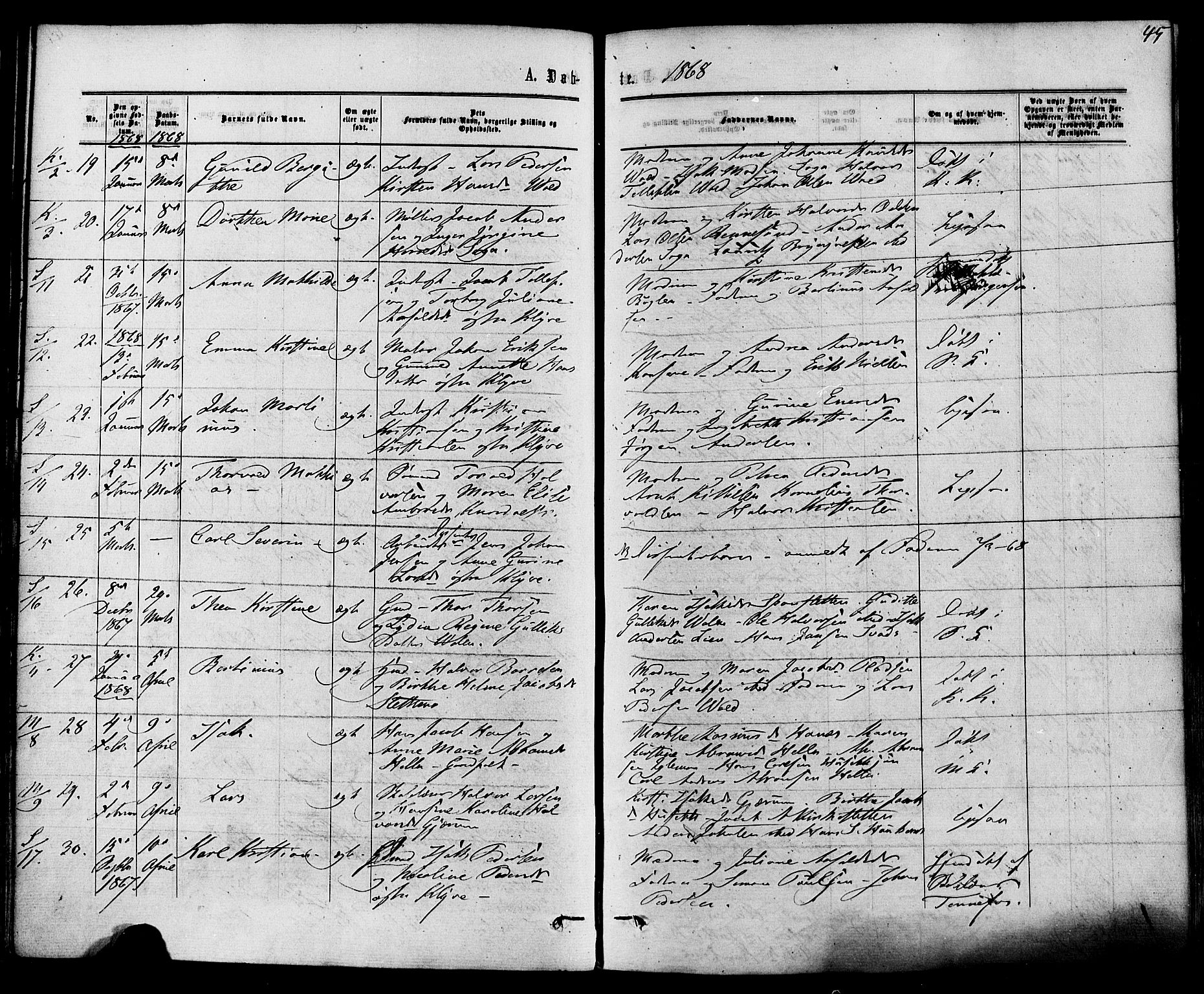 Solum kirkebøker, AV/SAKO-A-306/F/Fa/L0008: Ministerialbok nr. I 8, 1865-1876, s. 45