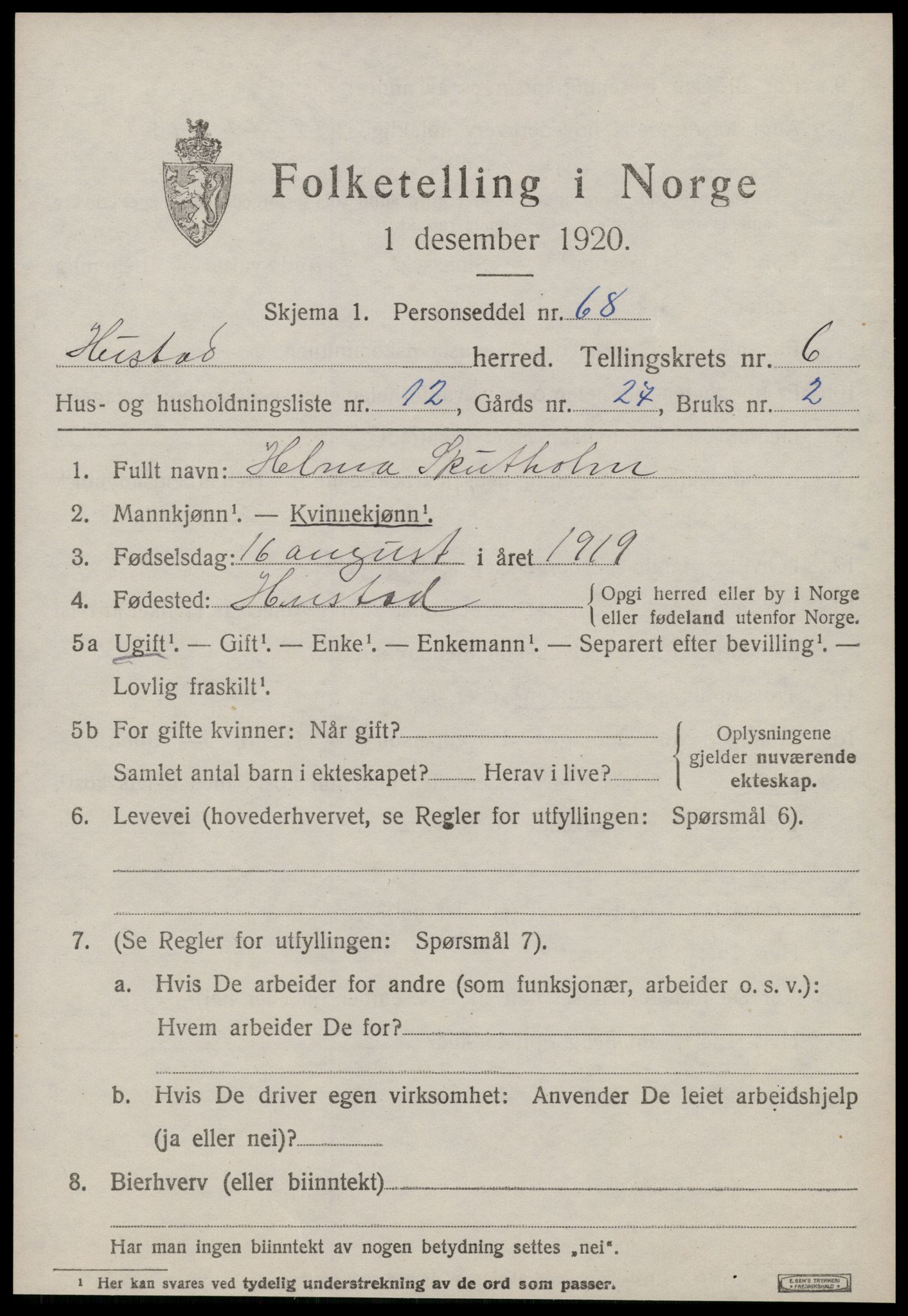 SAT, Folketelling 1920 for 1550 Hustad herred, 1920, s. 4303