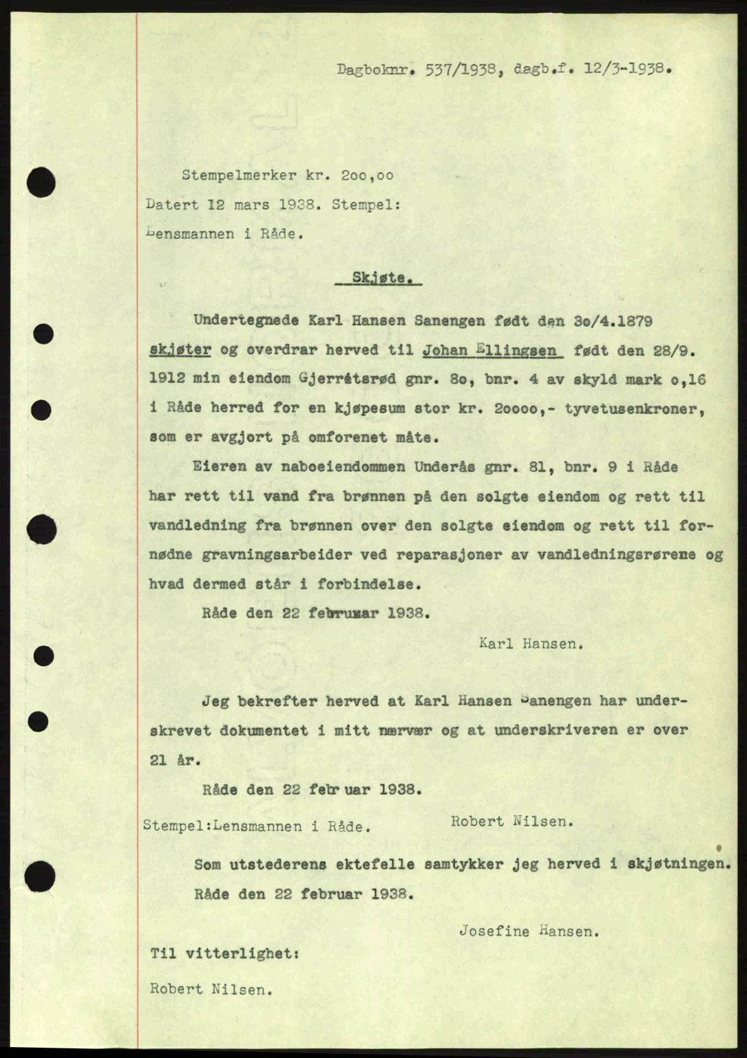 Moss sorenskriveri, SAO/A-10168: Pantebok nr. A4, 1938-1938, Dagboknr: 537/1938