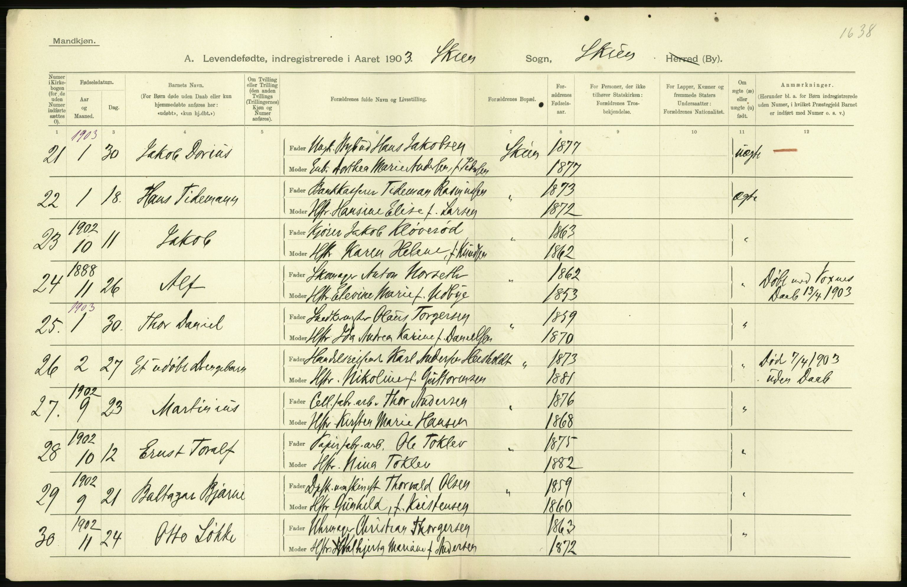 Statistisk sentralbyrå, Sosiodemografiske emner, Befolkning, AV/RA-S-2228/D/Df/Dfa/Dfaa/L0009: Bratsberg amt: Fødte, gifte, døde, 1903, s. 308