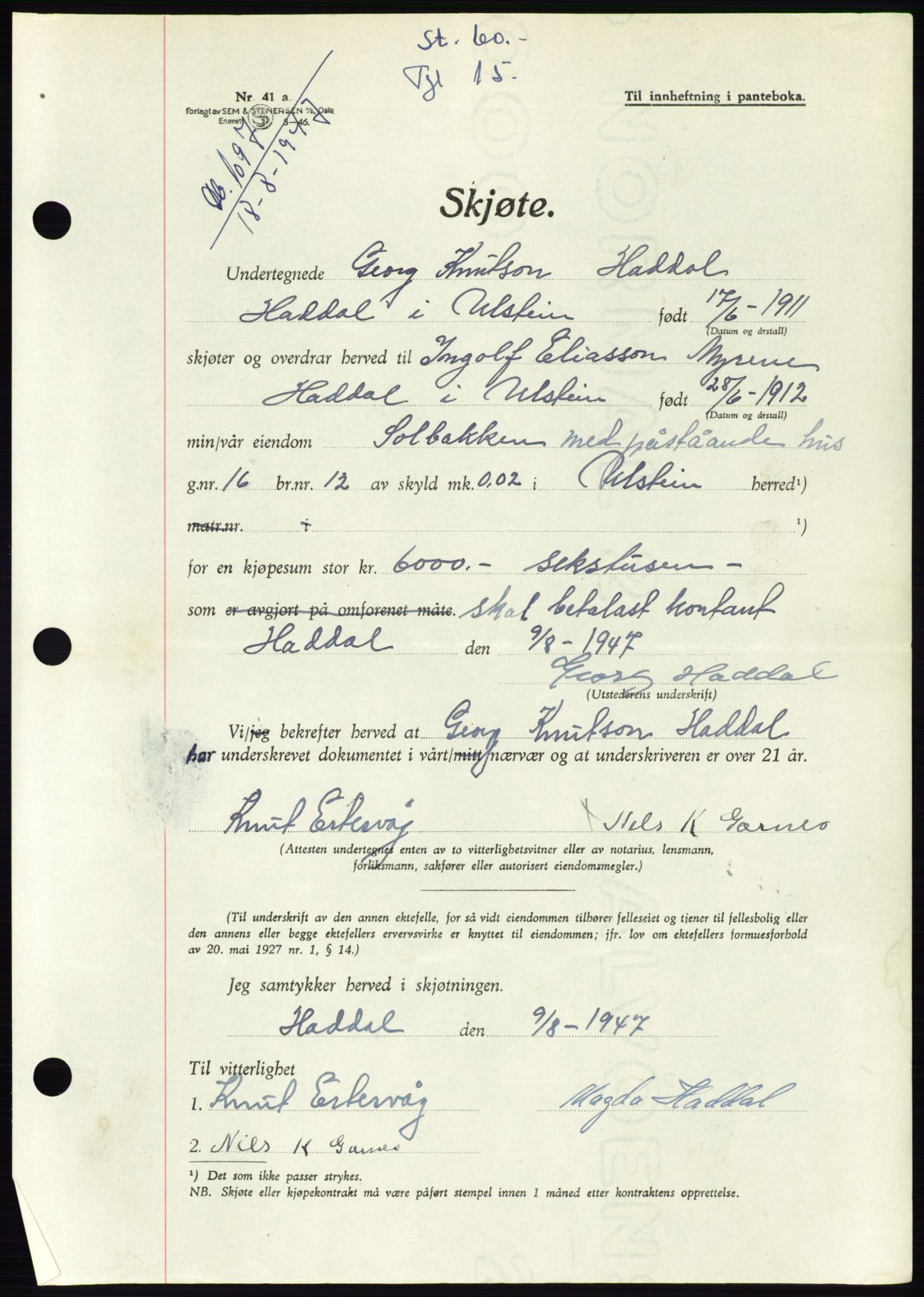 Søre Sunnmøre sorenskriveri, AV/SAT-A-4122/1/2/2C/L0081: Pantebok nr. 7A, 1947-1948, Dagboknr: 1097/1947