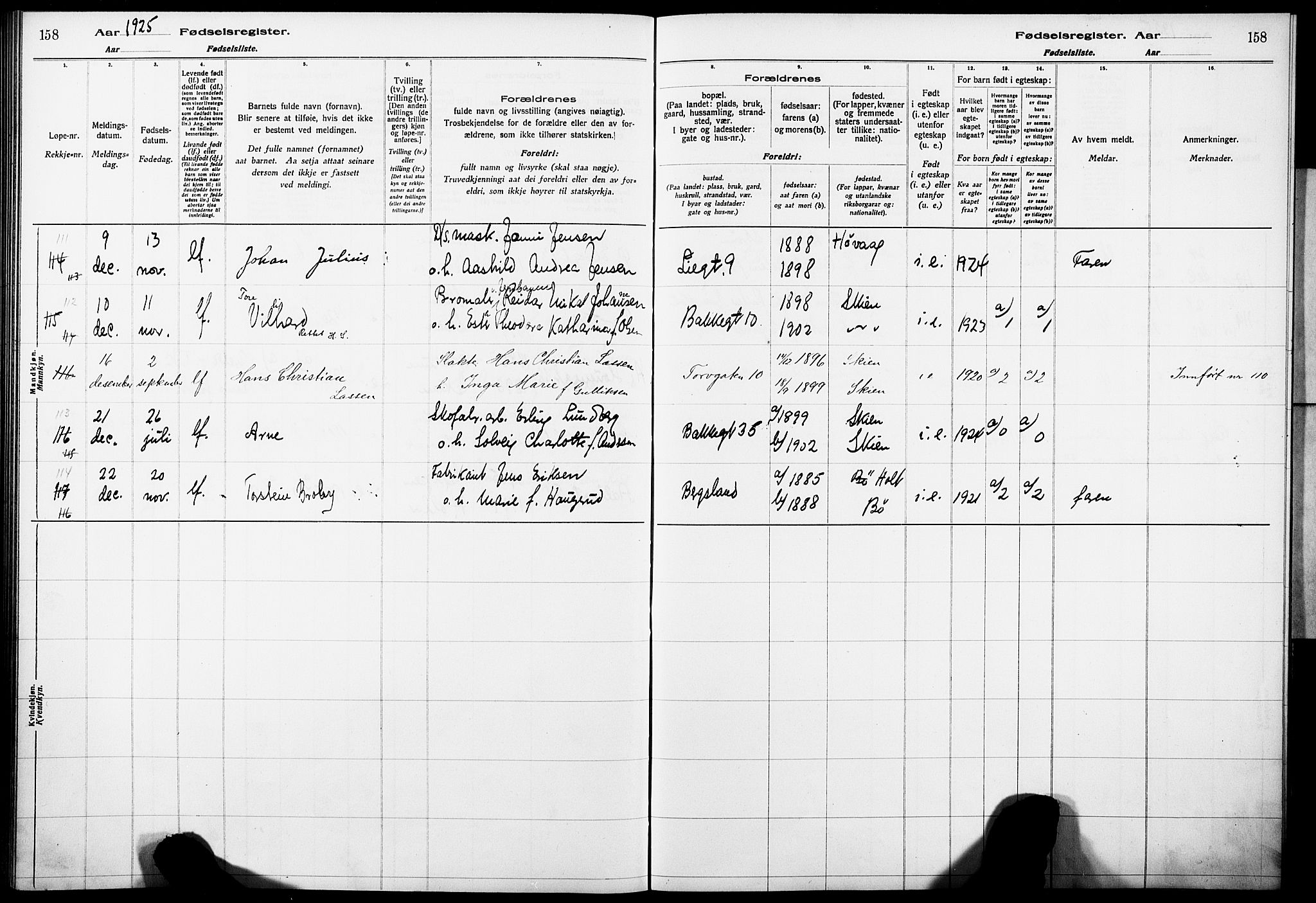 Skien kirkebøker, AV/SAKO-A-302/J/Ja/L0002: Fødselsregister nr. 2, 1921-1927, s. 158