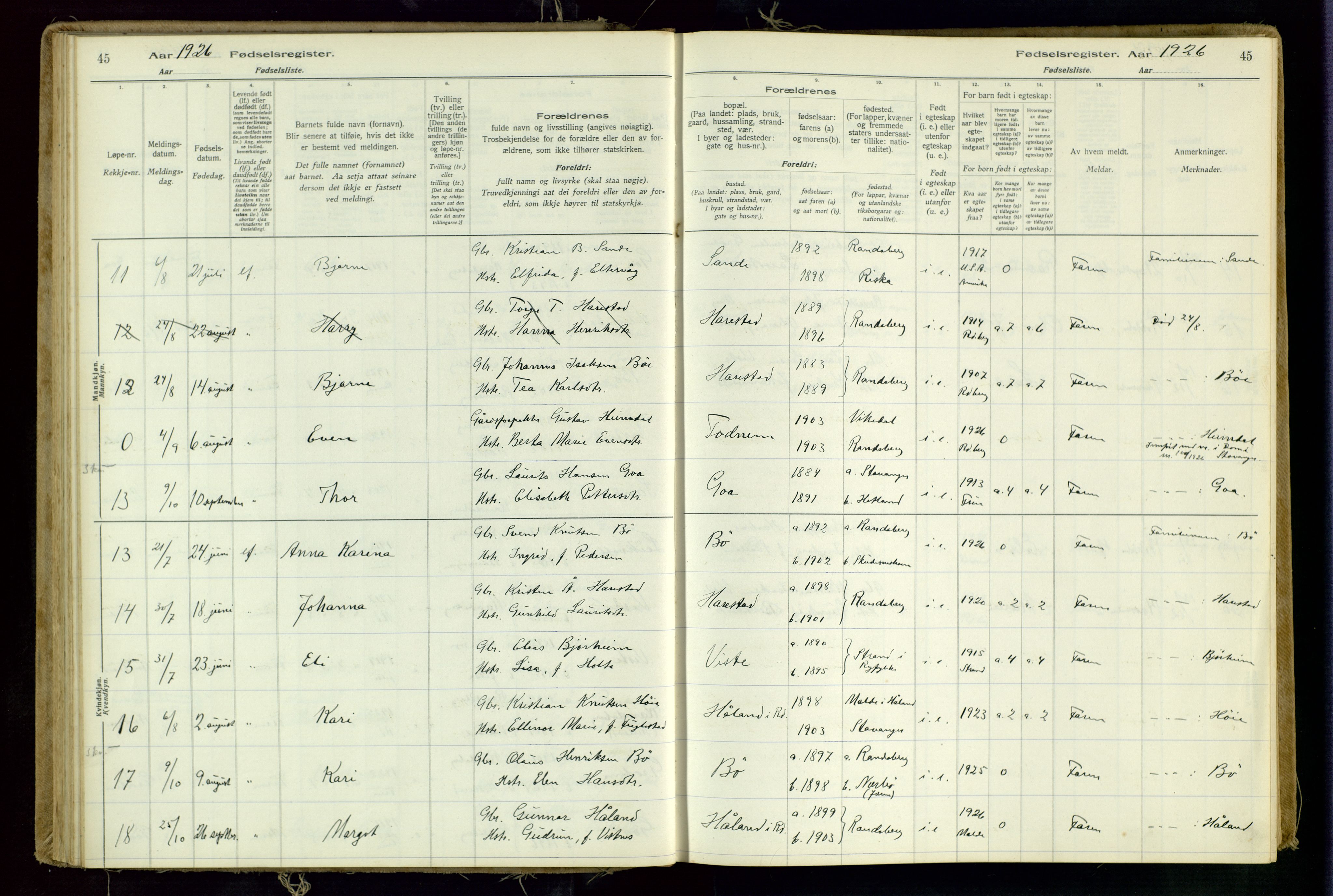 Hetland sokneprestkontor, AV/SAST-A-101826/70/704BA/L0001: Fødselsregister nr. 1, 1916-1954, s. 45