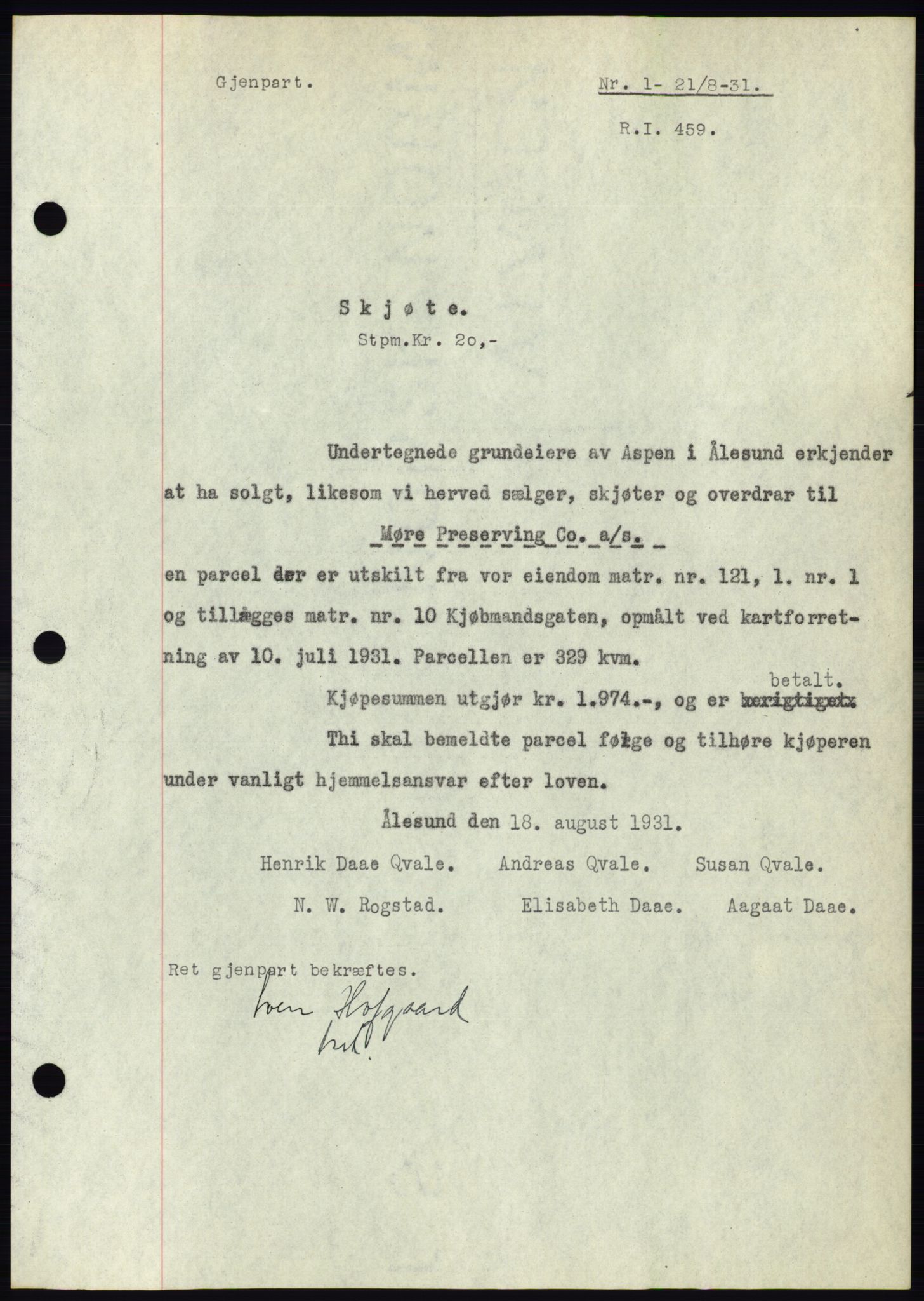 Ålesund byfogd, AV/SAT-A-4384: Pantebok nr. 27, 1930-1931, Tingl.dato: 21.08.1931