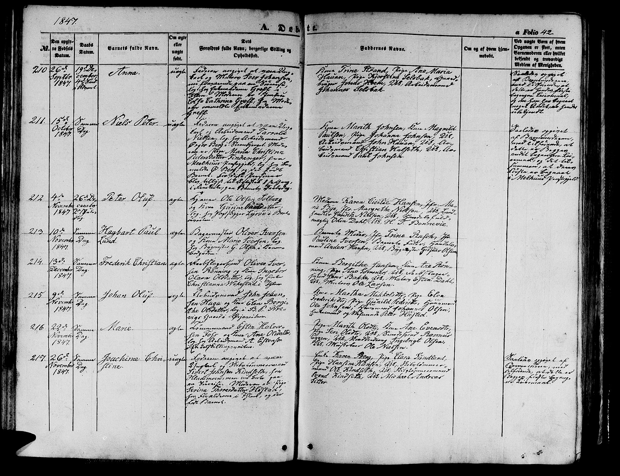 Ministerialprotokoller, klokkerbøker og fødselsregistre - Sør-Trøndelag, SAT/A-1456/602/L0137: Klokkerbok nr. 602C05, 1846-1856, s. 42