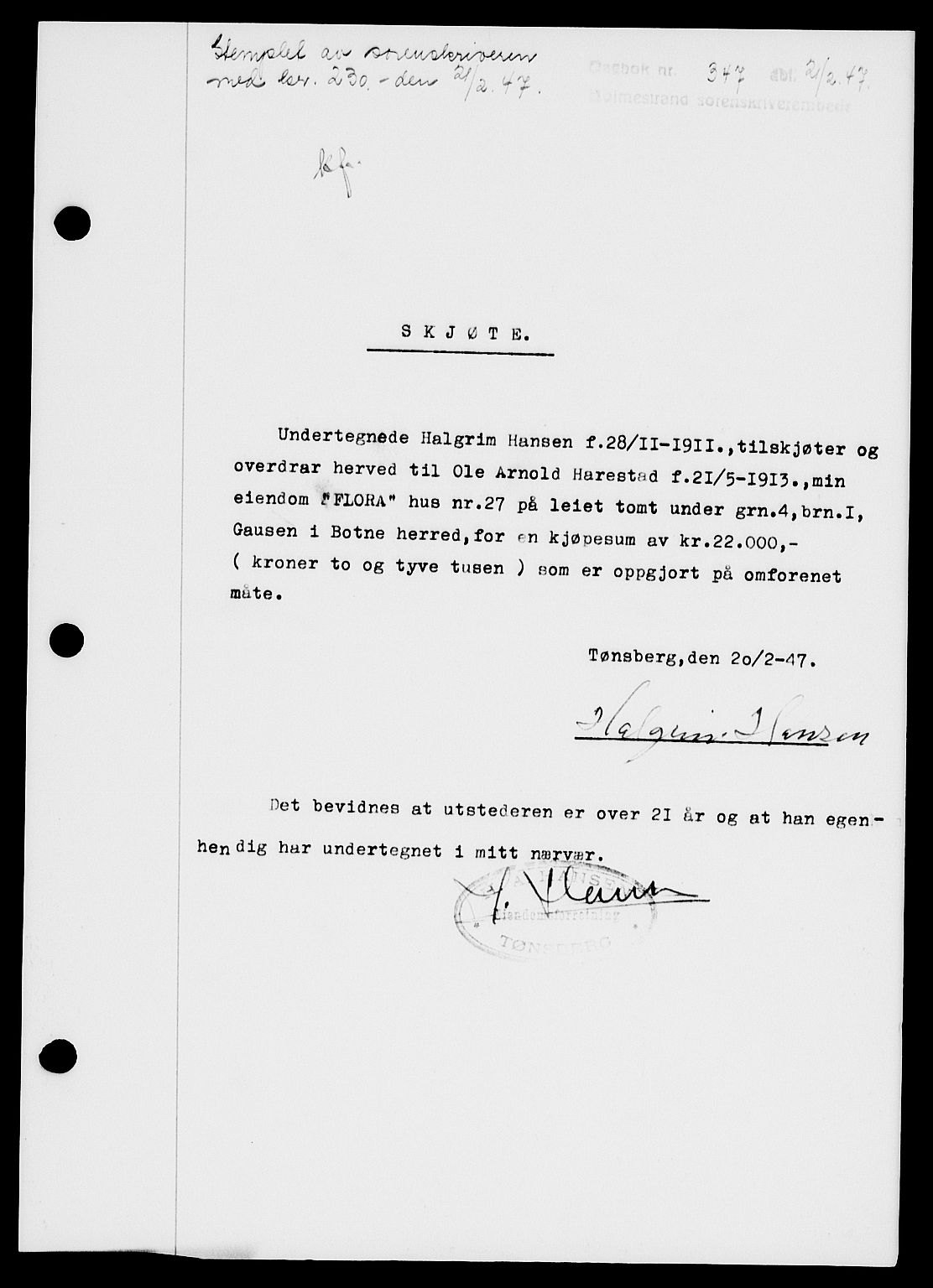 Holmestrand sorenskriveri, SAKO/A-67/G/Ga/Gaa/L0061: Pantebok nr. A-61, 1946-1947, Dagboknr: 347/1947
