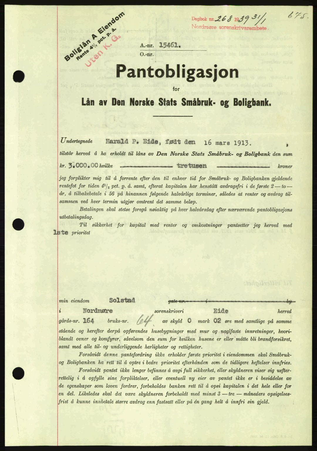 Nordmøre sorenskriveri, SAT/A-4132/1/2/2Ca: Pantebok nr. B84, 1938-1939, Dagboknr: 268/1939