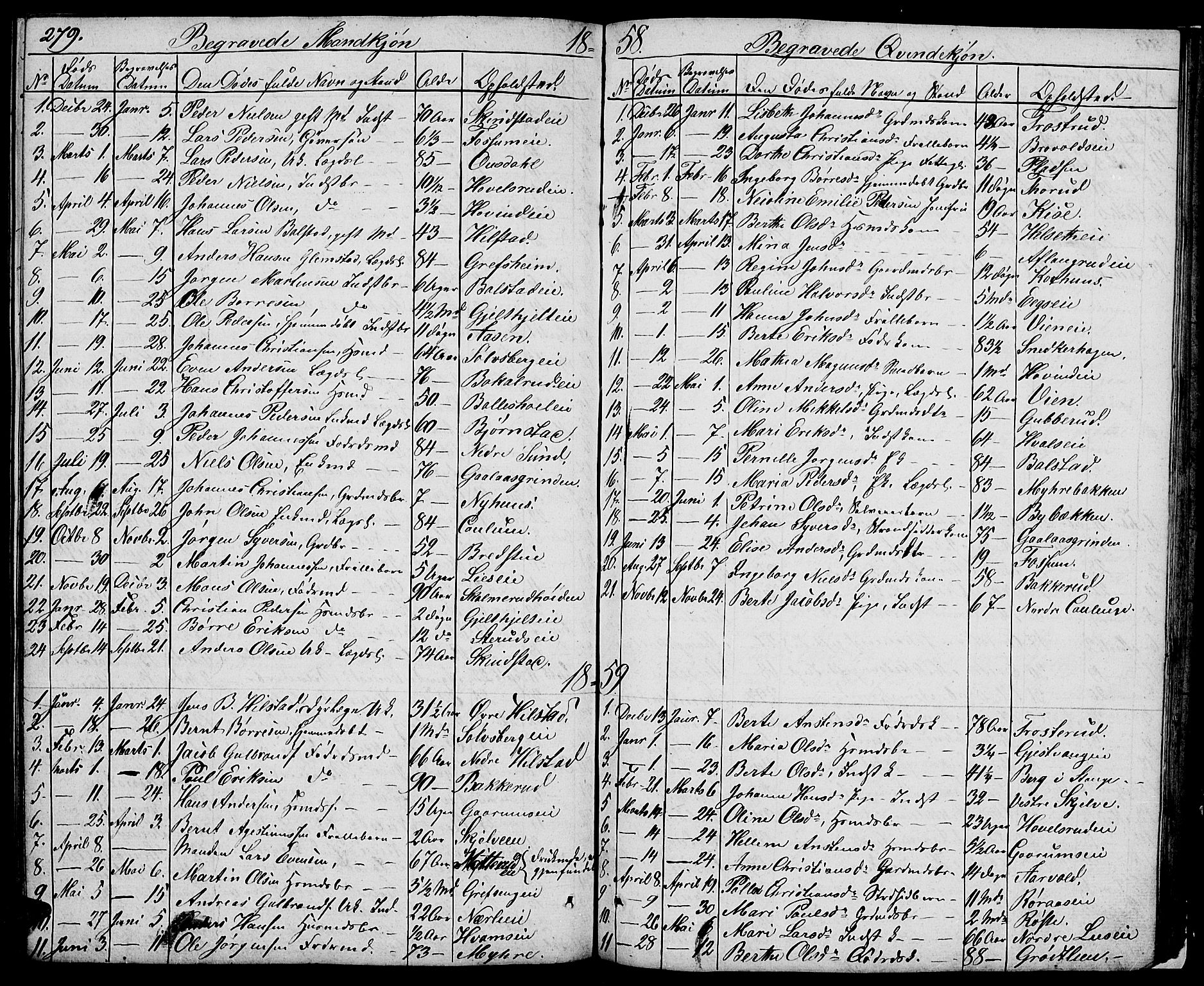Nes prestekontor, Hedmark, AV/SAH-PREST-020/L/La/L0004: Klokkerbok nr. 4, 1832-1861, s. 279