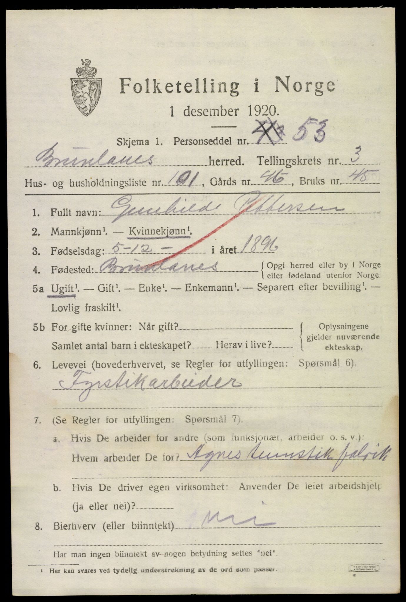 SAKO, Folketelling 1920 for 0726 Brunlanes herred, 1920, s. 6073