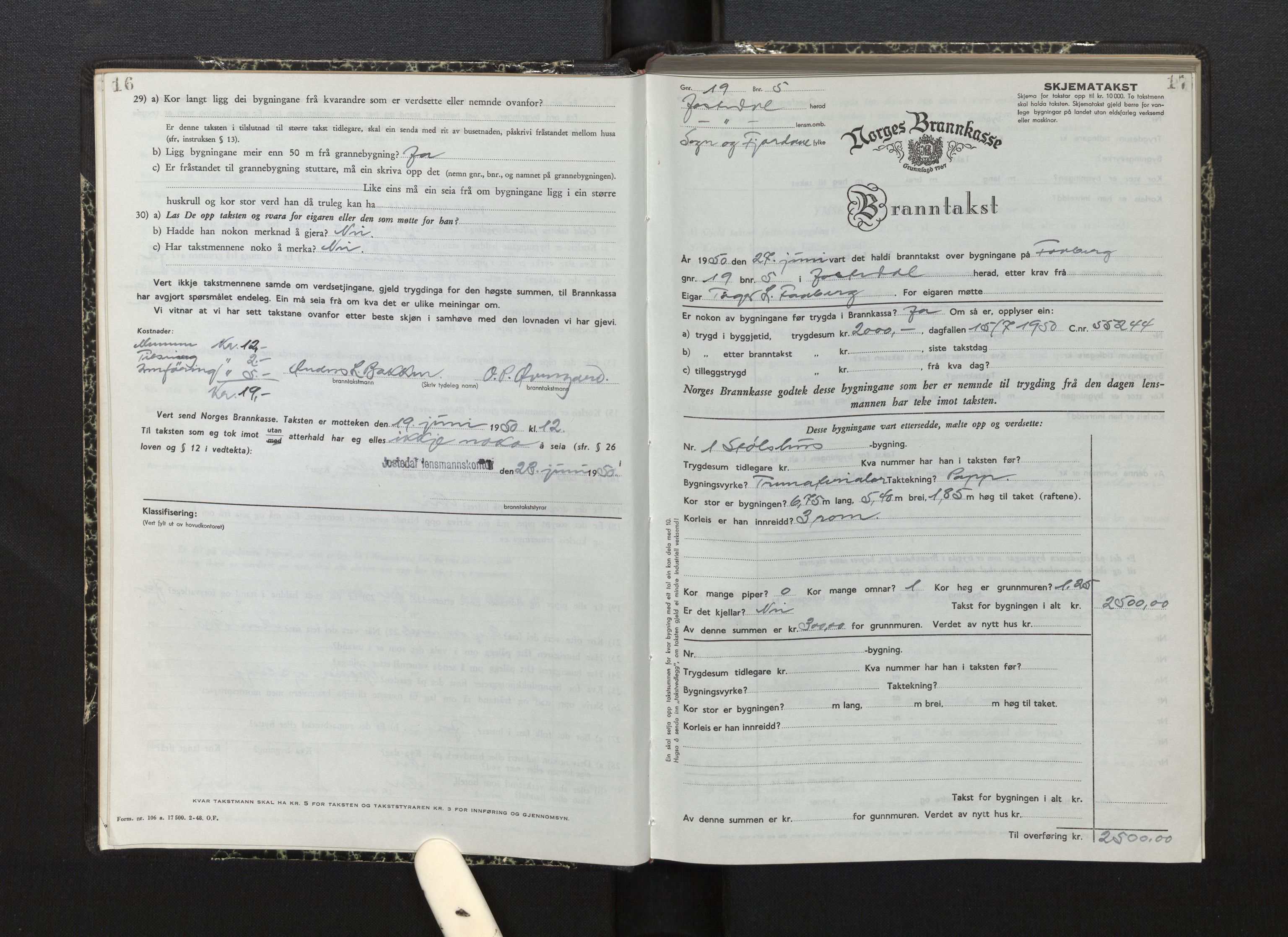 Lensmannen i Jostedal, AV/SAB-A-28601/0012/L0007: Branntakstprotokoll, skjematakst, 1949-1955, s. 16-17