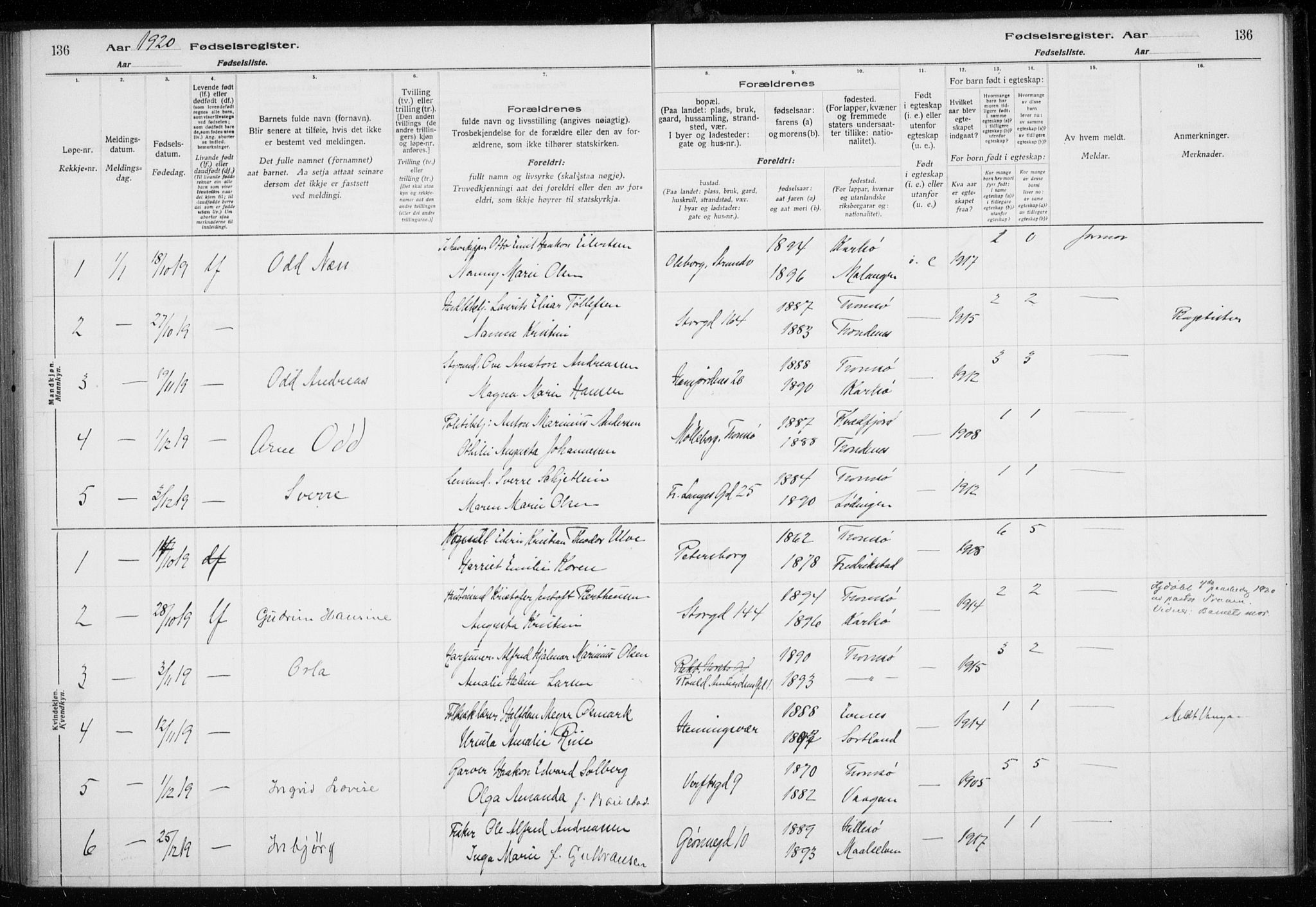 Tromsø sokneprestkontor/stiftsprosti/domprosti, SATØ/S-1343/H/Ha/L0131: Fødselsregister nr. 131, 1916-1921, s. 136