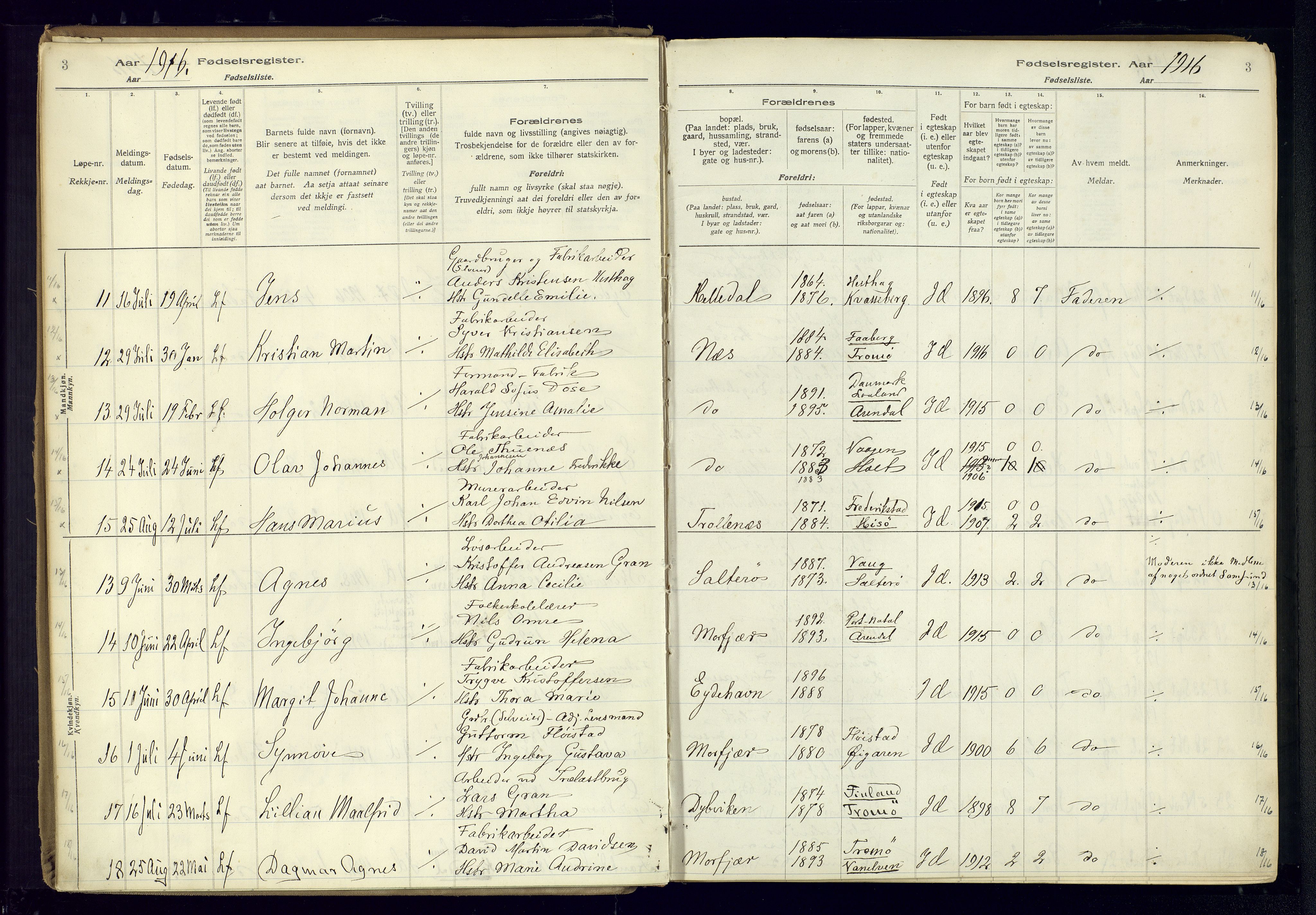 Austre Moland sokneprestkontor, AV/SAK-1111-0001/J/Ja/L0003: Fødselsregister nr. A-VI-27, 1916-1950, s. 3