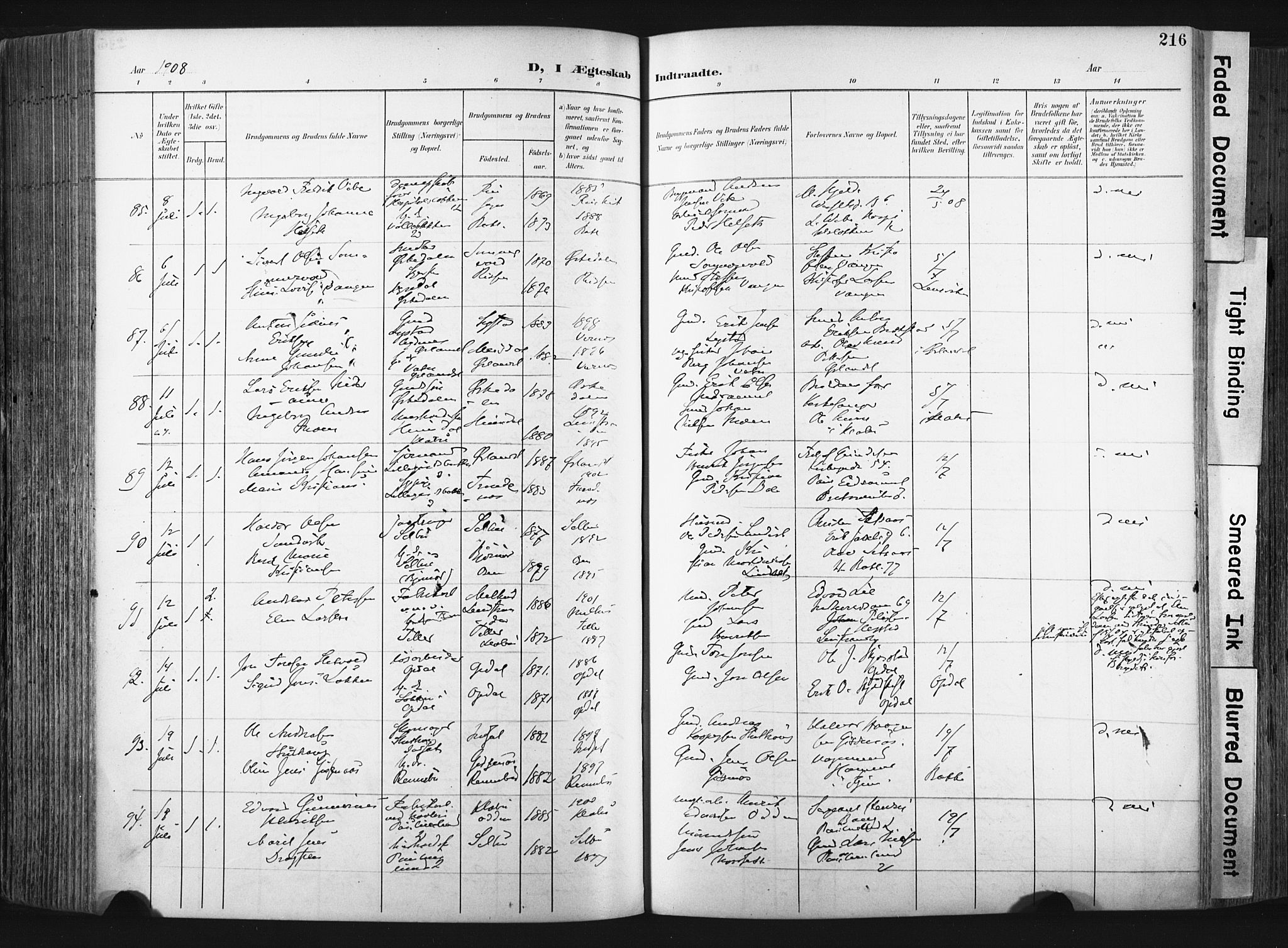Ministerialprotokoller, klokkerbøker og fødselsregistre - Sør-Trøndelag, SAT/A-1456/604/L0201: Ministerialbok nr. 604A21, 1901-1911, s. 216