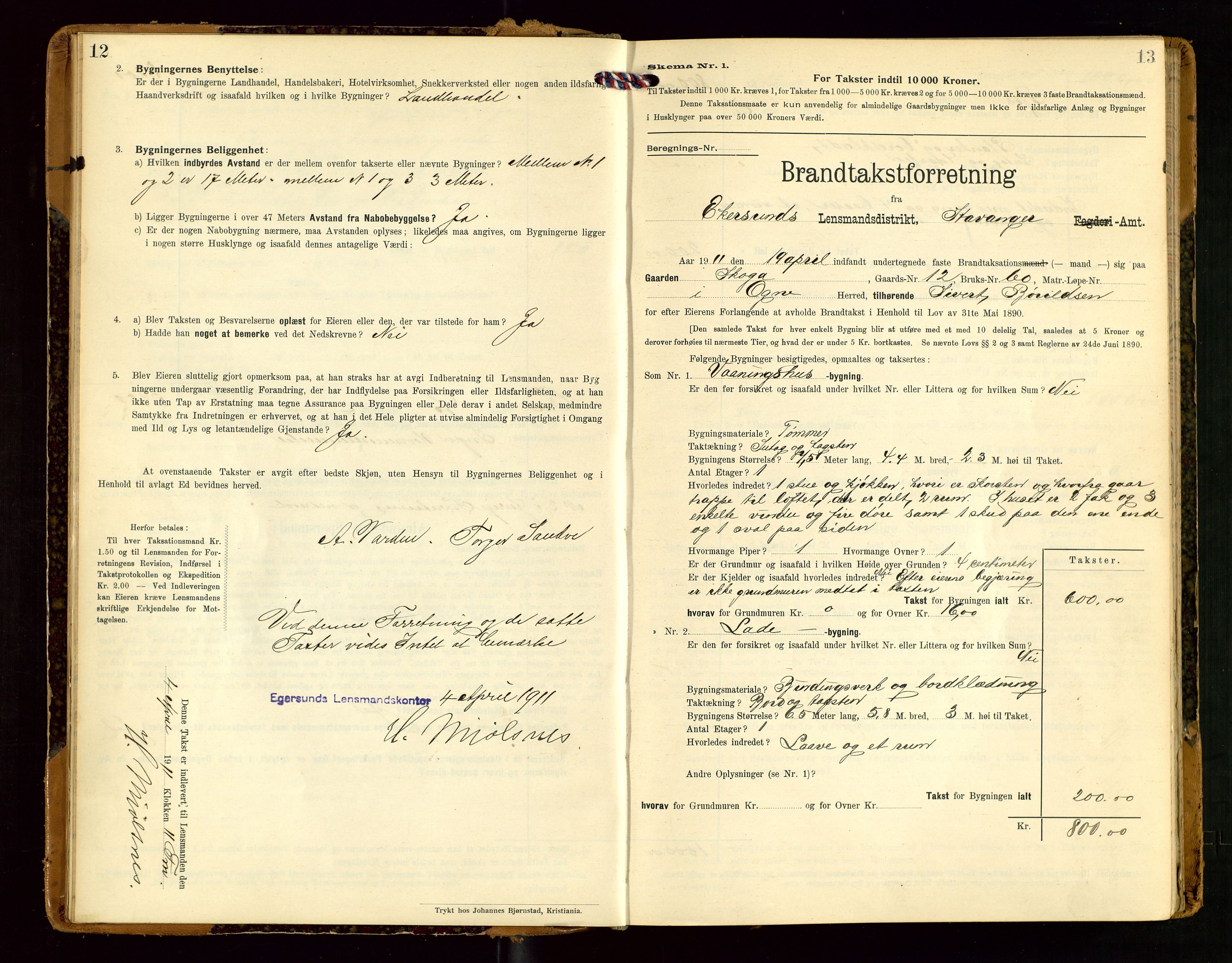 Eigersund lensmannskontor, SAST/A-100171/Gob/L0002: "Brandtakstprotokol", 1910-1916, s. 12-13