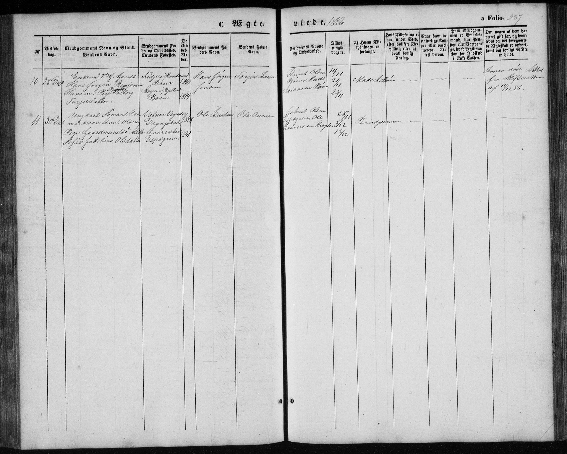 Tveit sokneprestkontor, AV/SAK-1111-0043/F/Fb/L0003: Klokkerbok nr. B 3, 1854-1886, s. 287