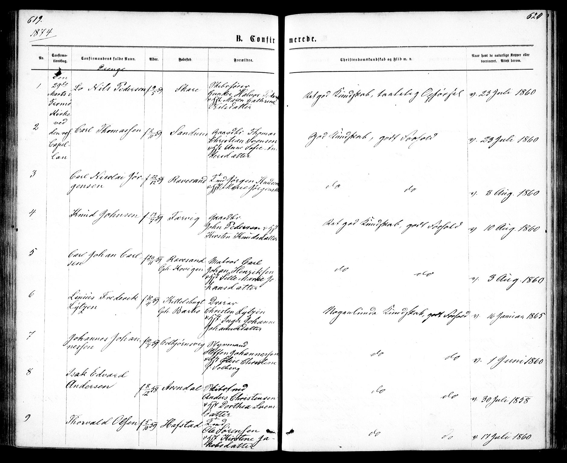 Tromøy sokneprestkontor, SAK/1111-0041/F/Fa/L0008: Ministerialbok nr. A 8, 1870-1877, s. 619-620