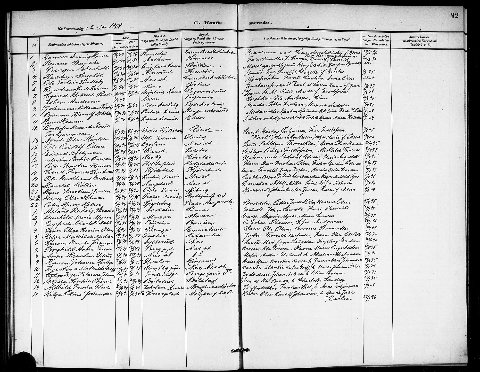 Ås prestekontor Kirkebøker, AV/SAO-A-10894/G/Ga/L0004: Klokkerbok nr. I 4, 1901-1915, s. 92