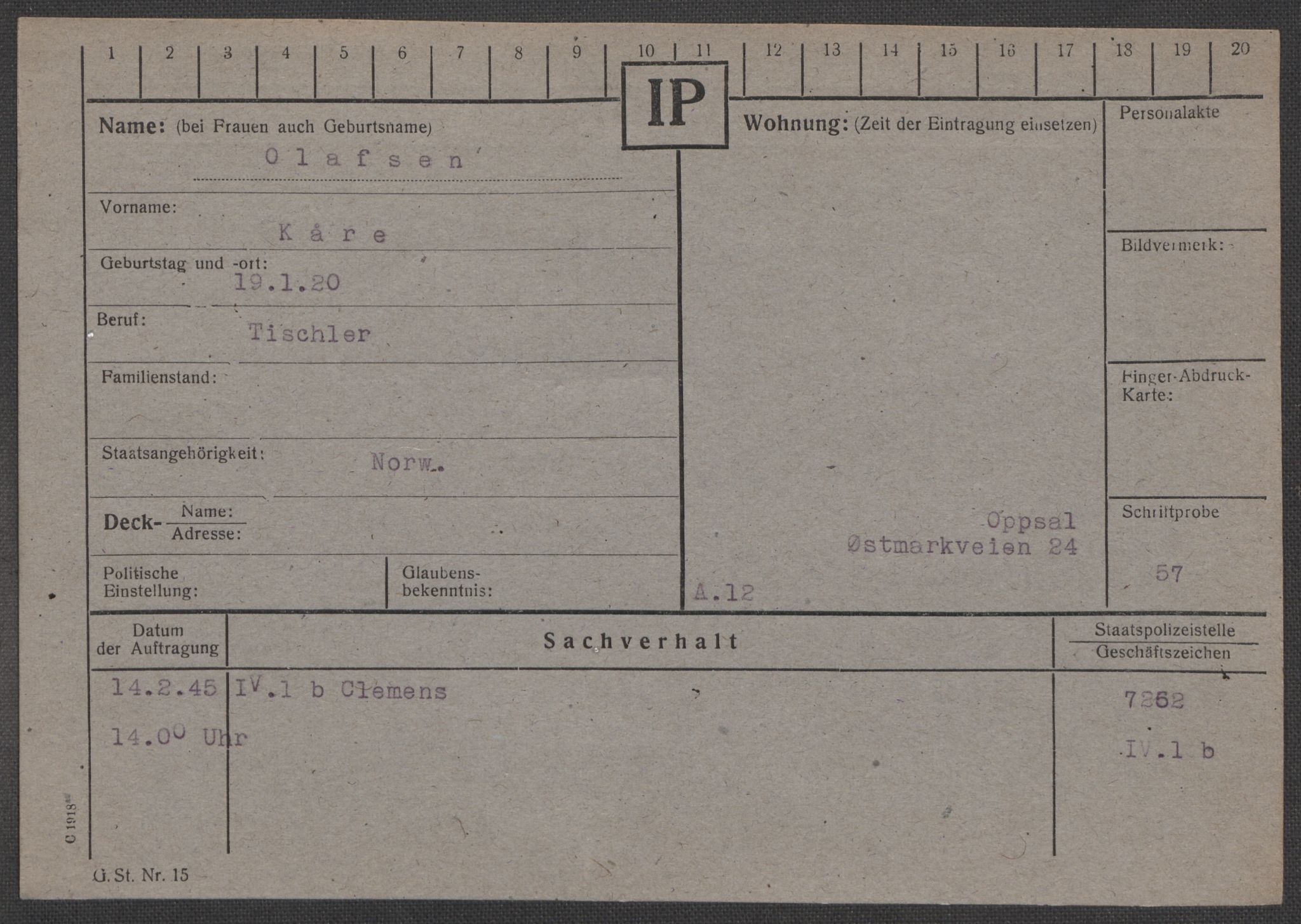 Befehlshaber der Sicherheitspolizei und des SD, AV/RA-RAFA-5969/E/Ea/Eaa/L0008: Register over norske fanger i Møllergata 19: Oelze-Ru, 1940-1945, s. 18