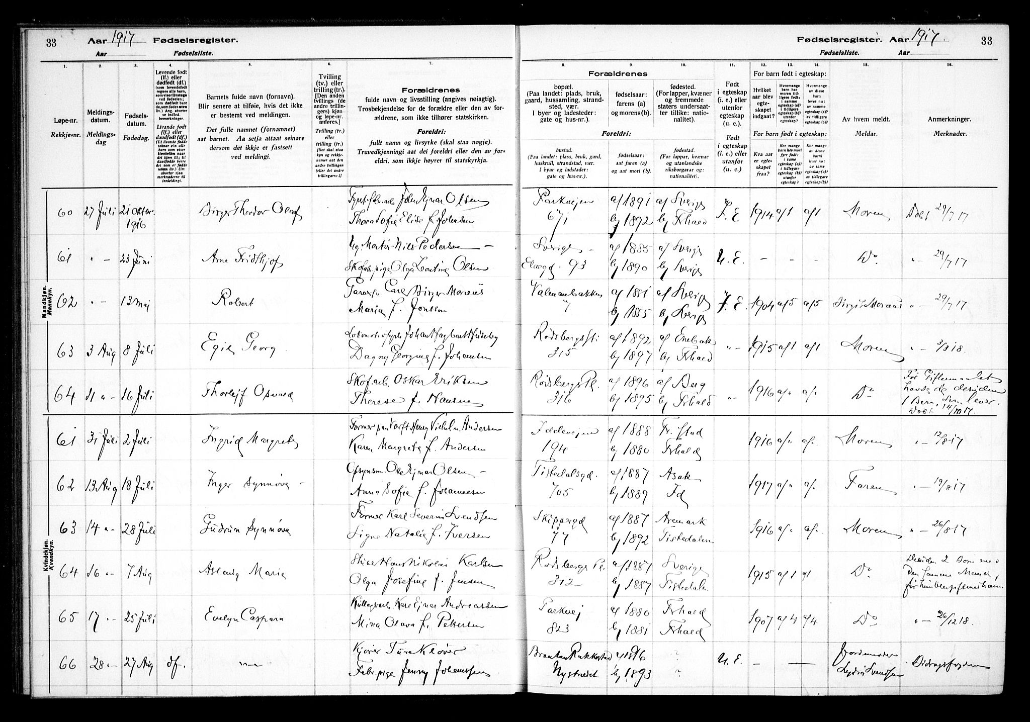 Halden prestekontor Kirkebøker, AV/SAO-A-10909/J/Ja/L0001: Fødselsregister nr. I 1, 1916-1925, s. 33