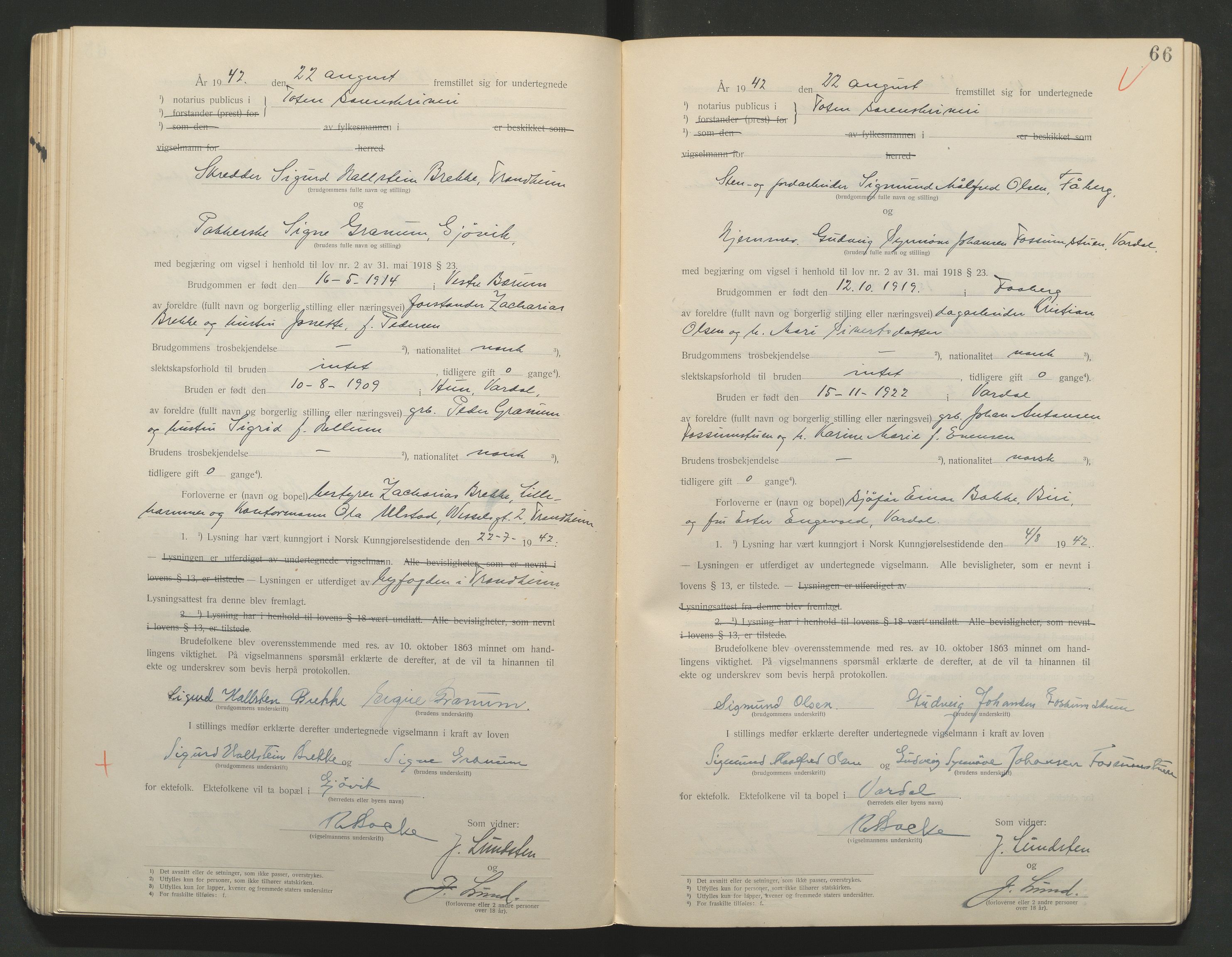 Toten tingrett, AV/SAH-TING-006/L/Lc/L0001: Vigselbok, 1920-1942, s. 66