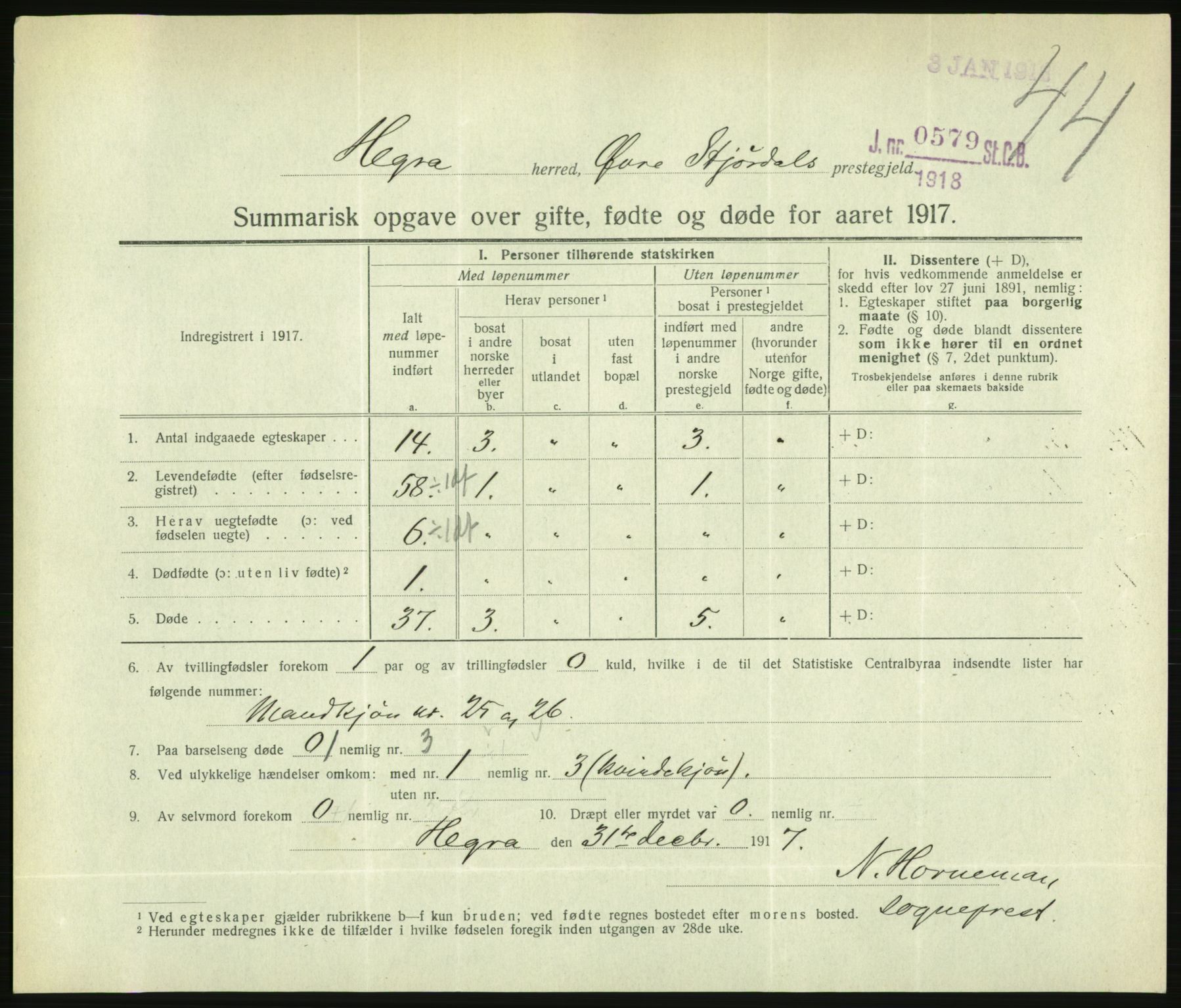 Statistisk sentralbyrå, Sosiodemografiske emner, Befolkning, RA/S-2228/D/Df/Dfb/Dfbg/L0056: Summariske oppgaver over gifte, fødte og døde for hele landet., 1917, s. 1347