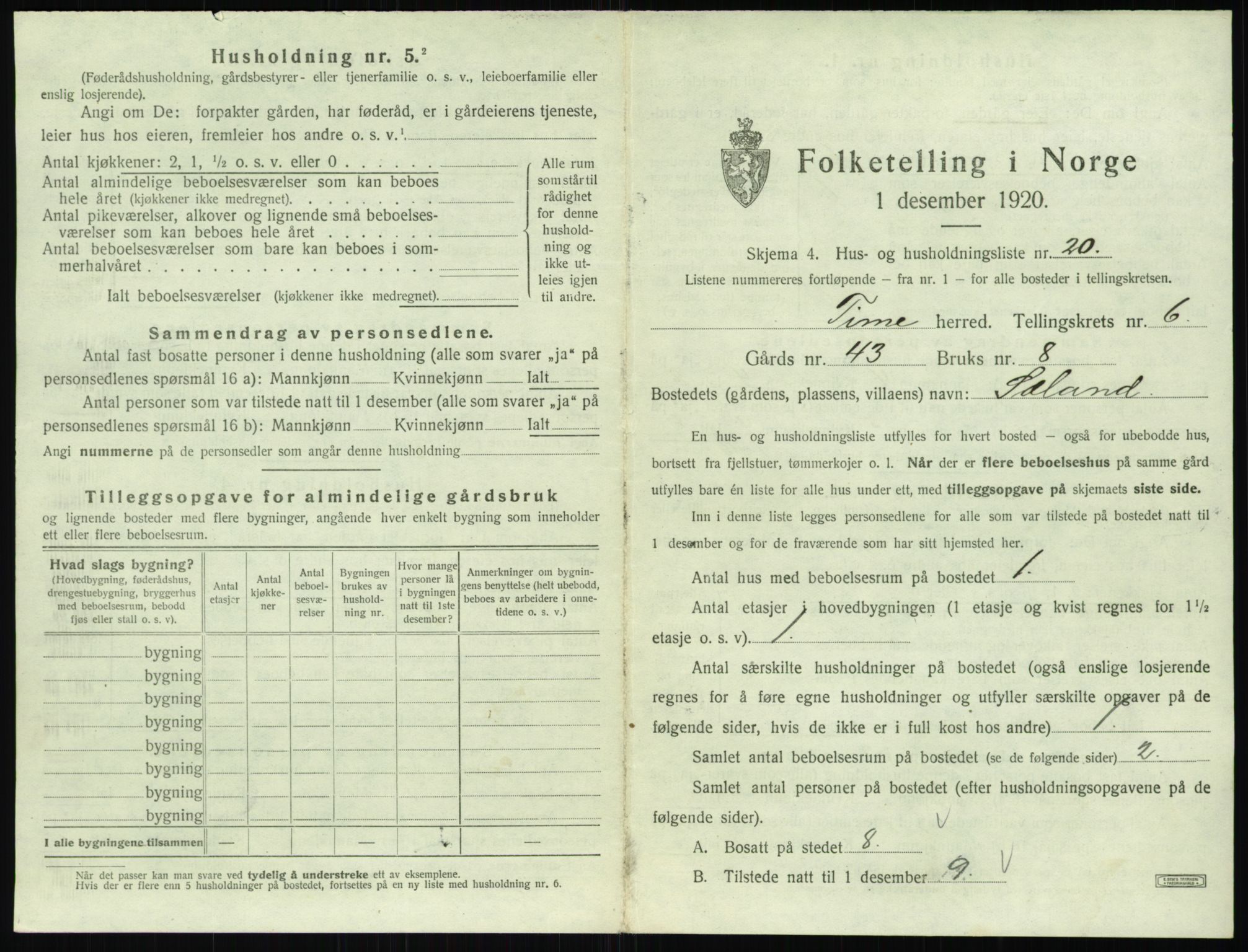 SAST, Folketelling 1920 for 1121 Time herred, 1920, s. 1009