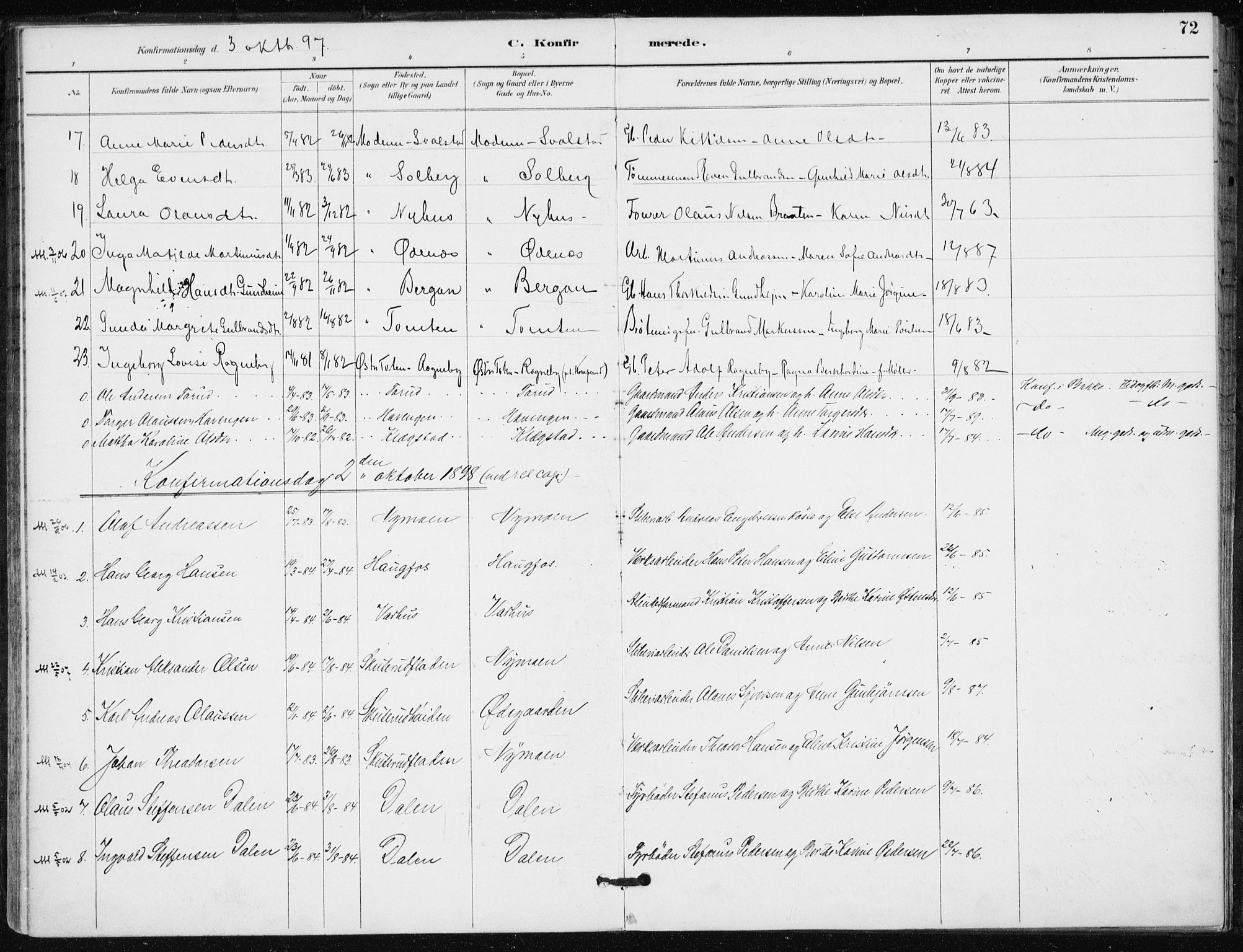 Modum kirkebøker, AV/SAKO-A-234/F/Fa/L0016: Ministerialbok nr. 16, 1890-1899, s. 72